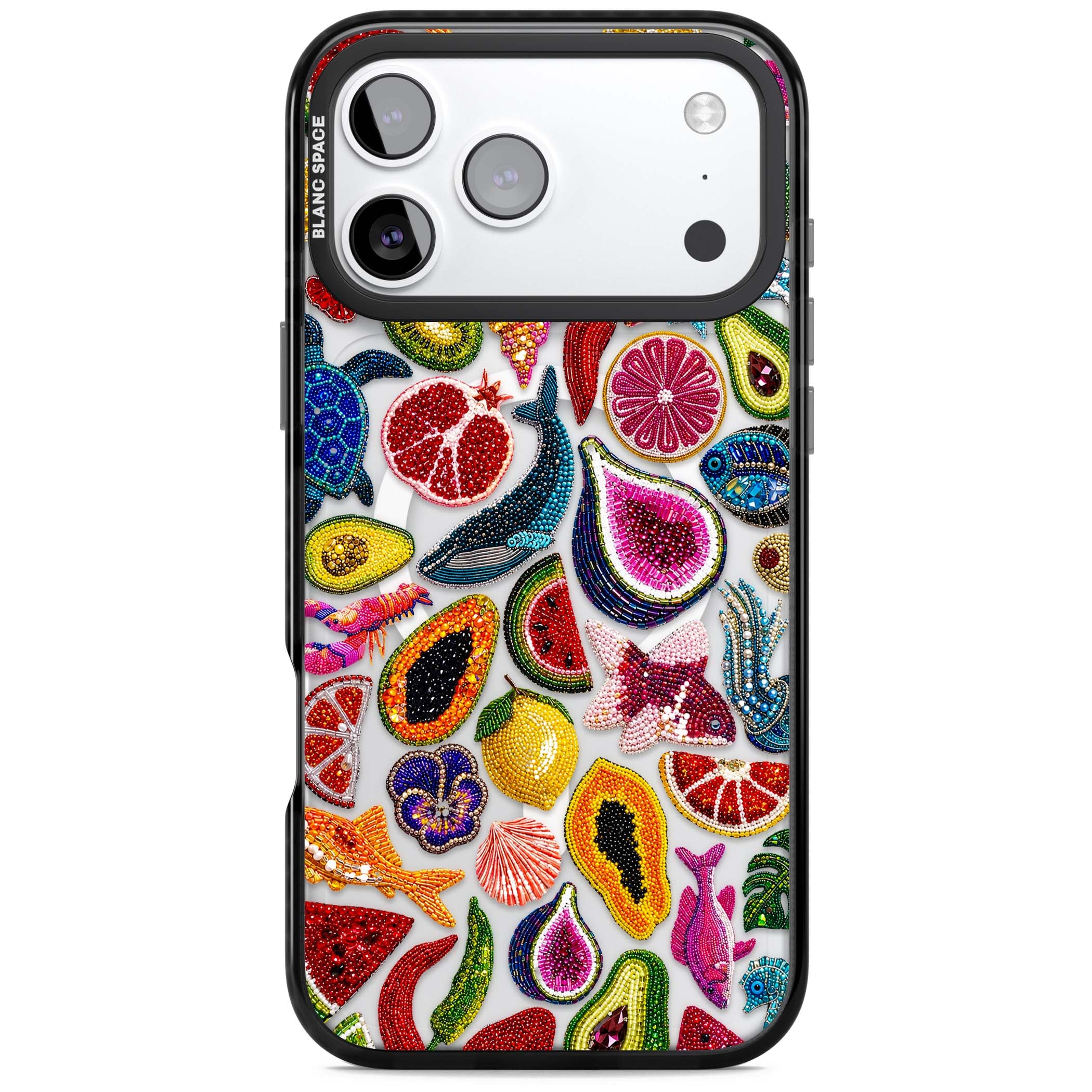 Beaded Tropic tropical iPhone case featuring beaded fruit, fish, crabs and seashells in vibrant colour | Black Impact Magsafe case for iPhone 17 Pro, iPhone 17 Pro Max