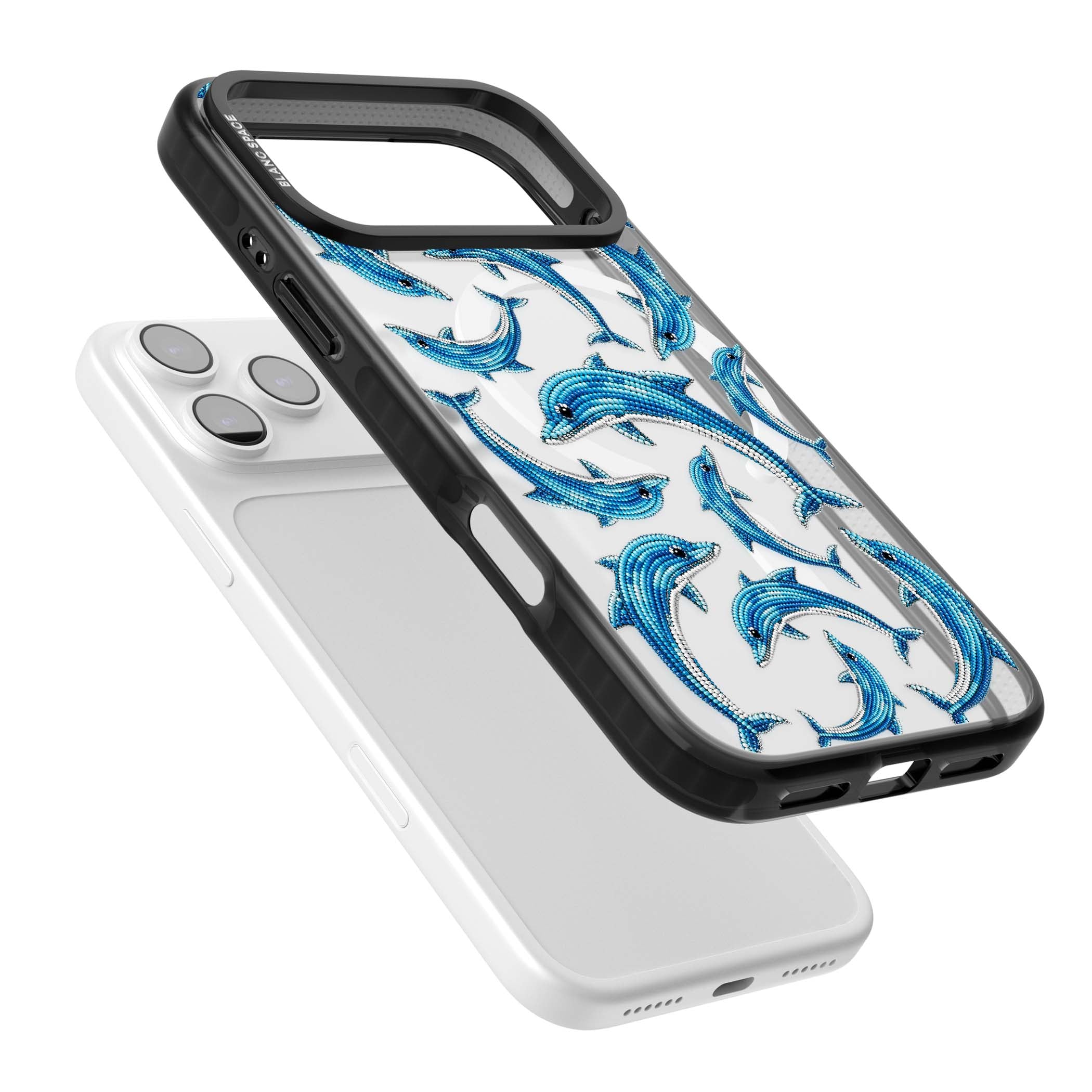 Beaded Dolphins coastal iPhone case featuring beaded dolphins in blue and white swimming across a clear background | Black Impact Magsafe case for iPhone 17 Pro, iPhone 17 Pro Max