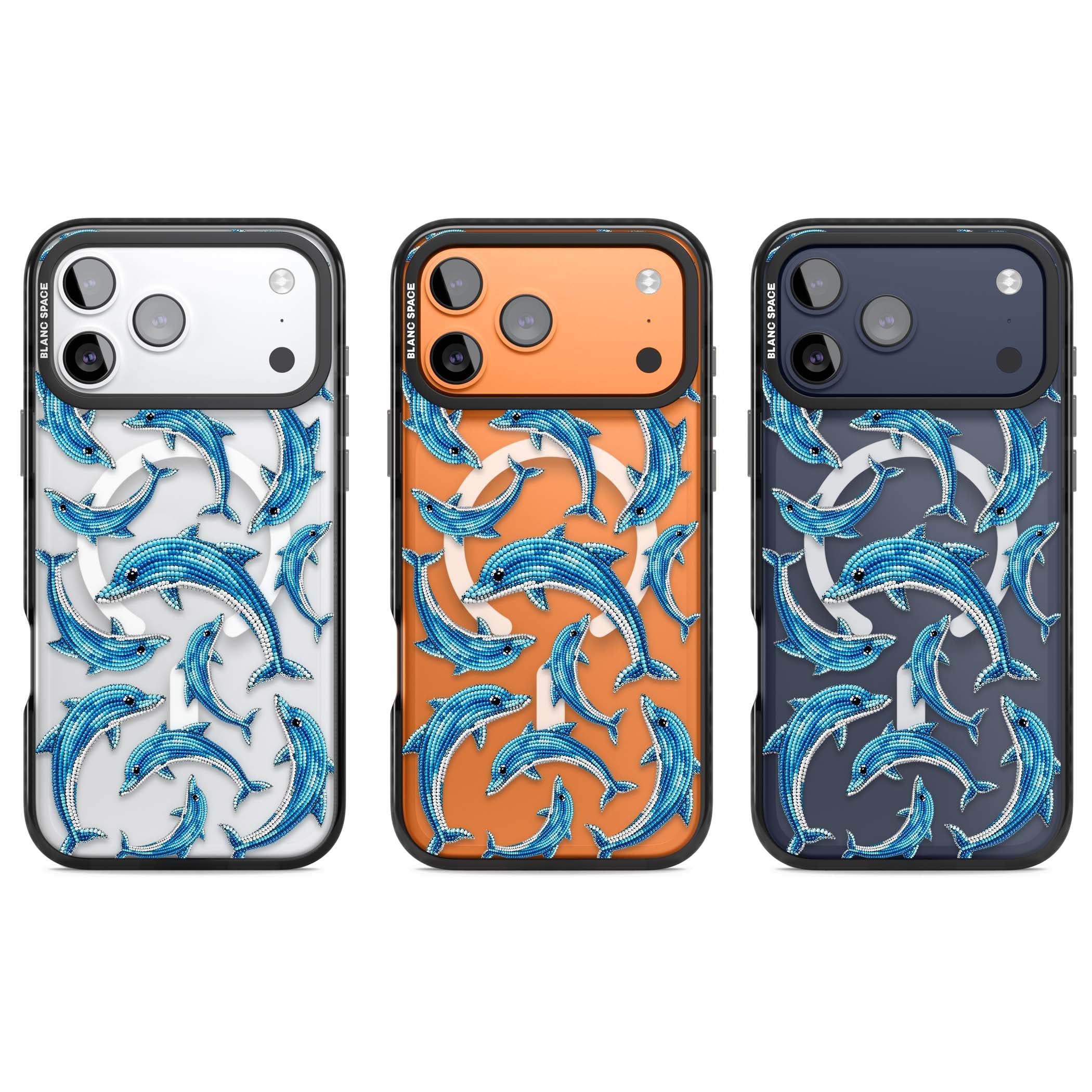 Beaded Dolphins coastal iPhone case featuring beaded dolphins in blue and white swimming across a clear background | Black Impact Magsafe case for iPhone 17 Pro, iPhone 17 Pro Max