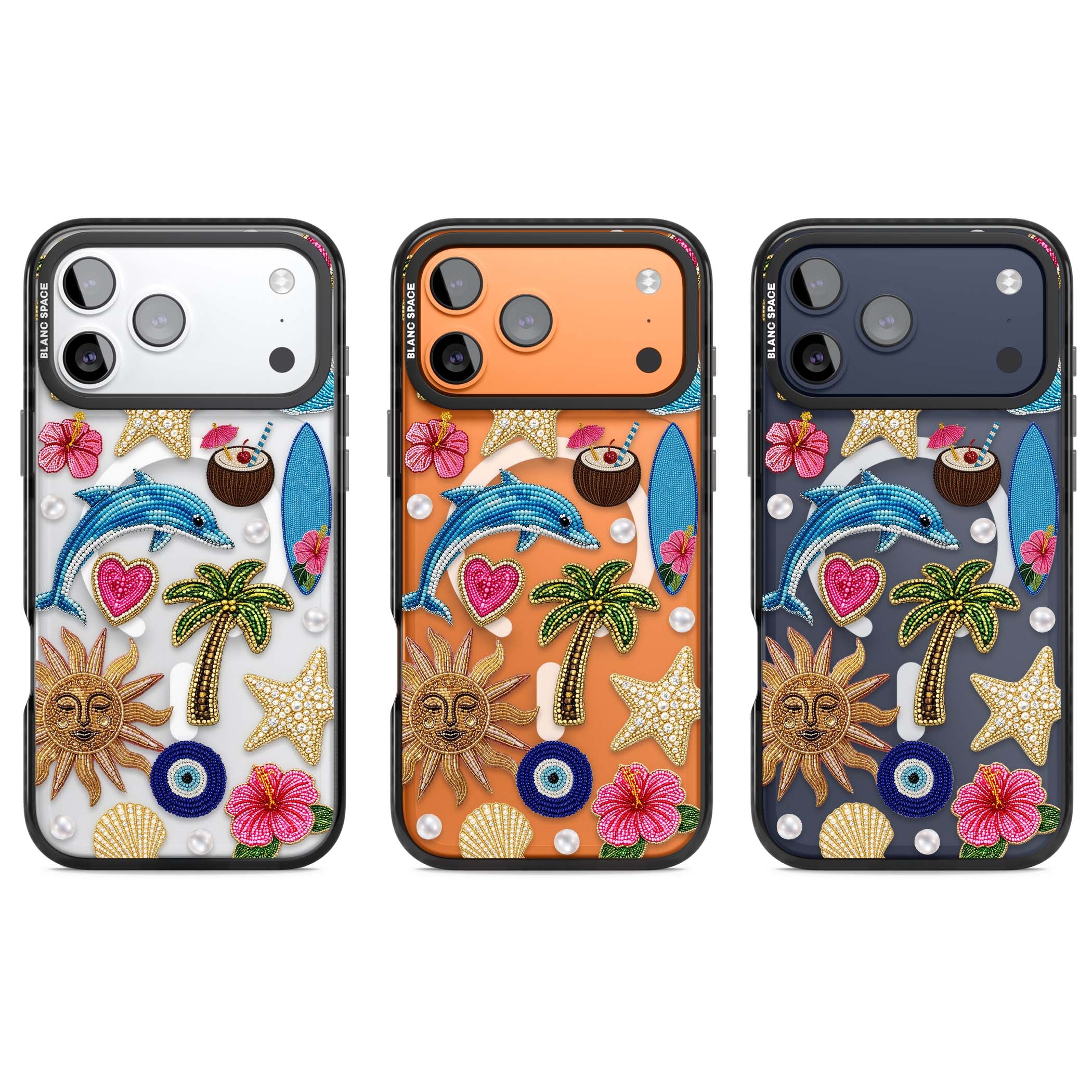 Beaded Beach coastal summer iPhone case featuring embroidered evil eye, hibiscus flowers, dolphin and palm tree patches | Black Impact Magsafe case for iPhone 17 Pro, iPhone 17 Pro Max