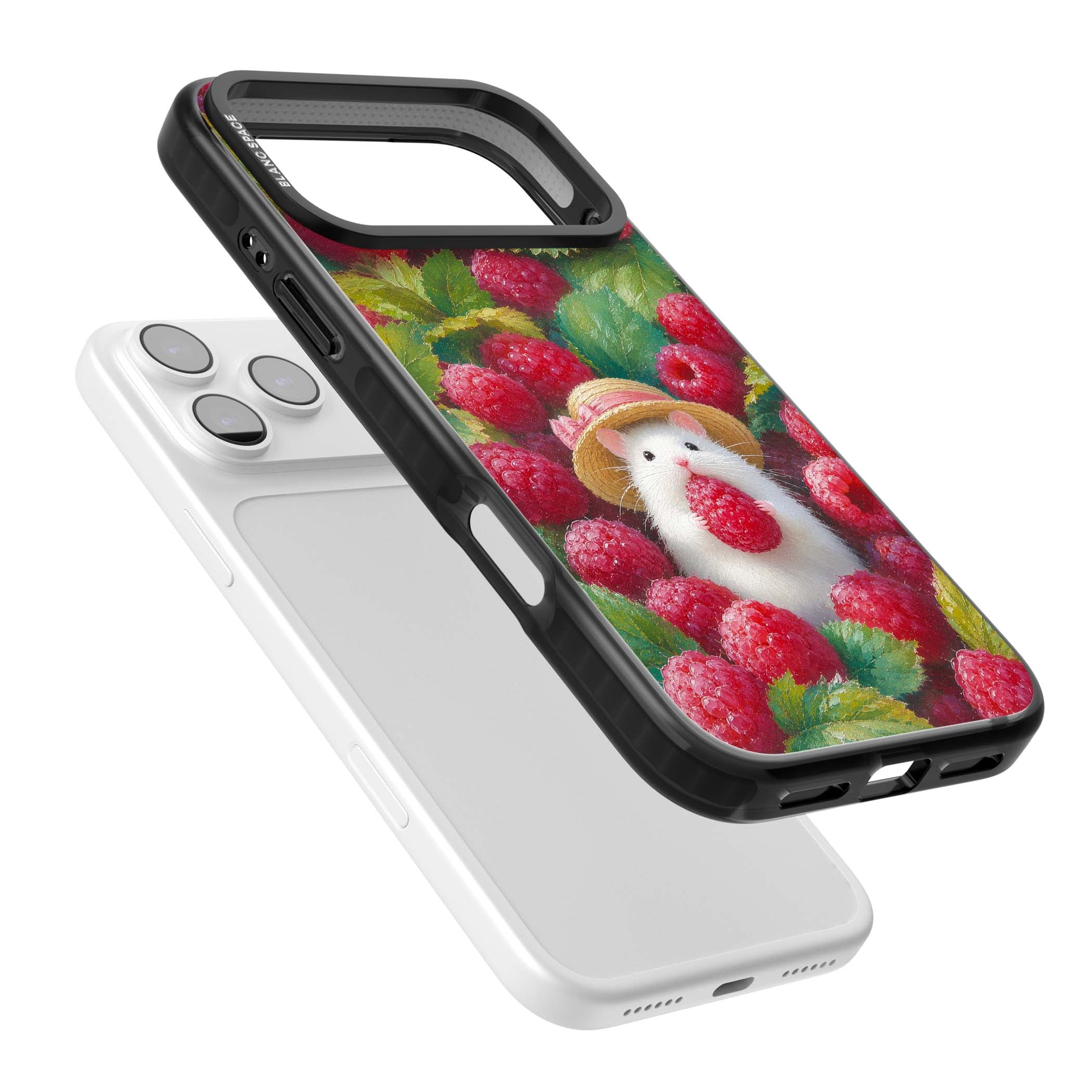 Berry Forager cottagecore iPhone case featuring a white hamster in a straw hat holding a raspberry surrounded by ripe ber | Black Impact Magsafe case for iPhone 17 Pro, iPhone 17 Pro Max