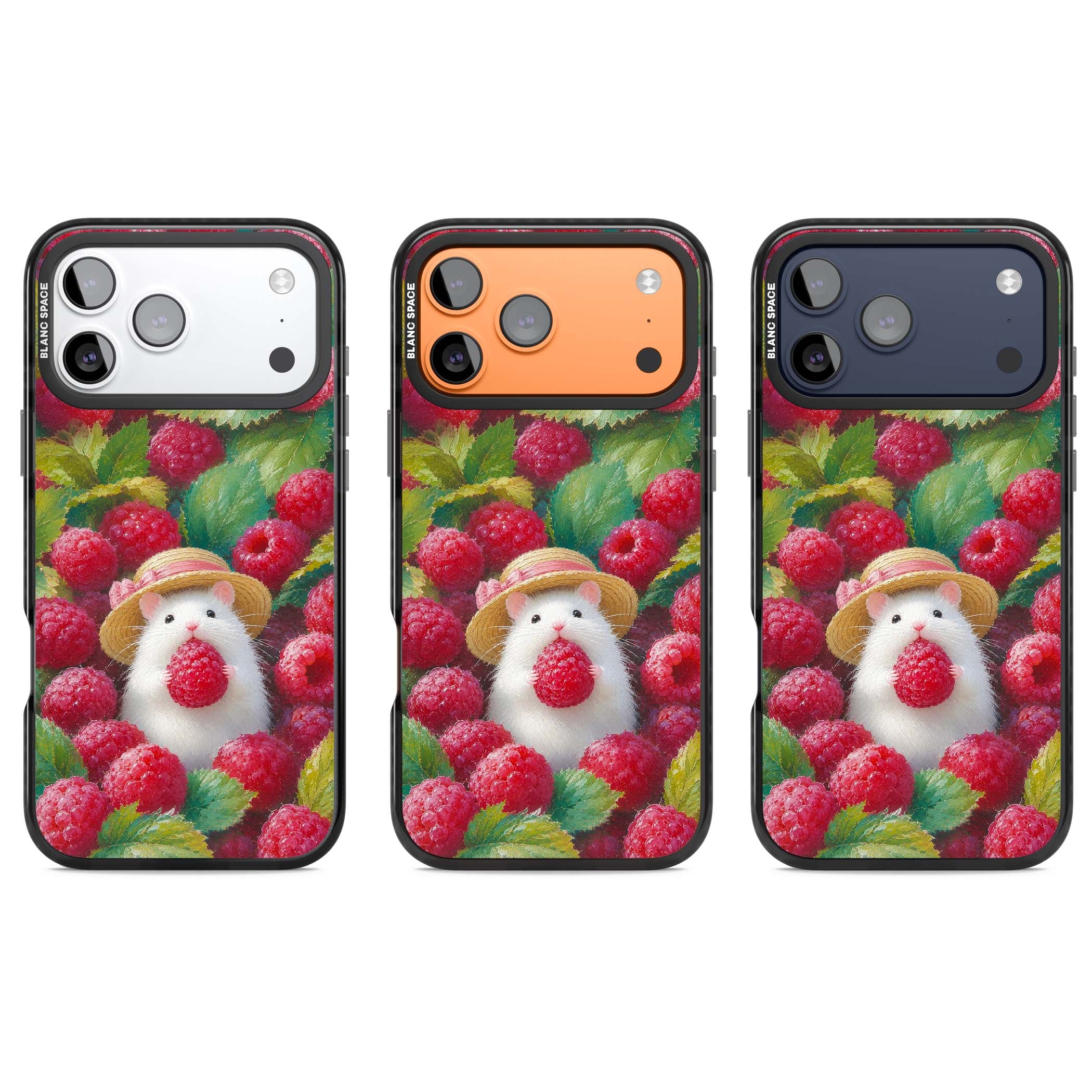 Berry Forager cottagecore iPhone case featuring a white hamster in a straw hat holding a raspberry surrounded by ripe ber | Black Impact Magsafe case for iPhone 17 Pro, iPhone 17 Pro Max