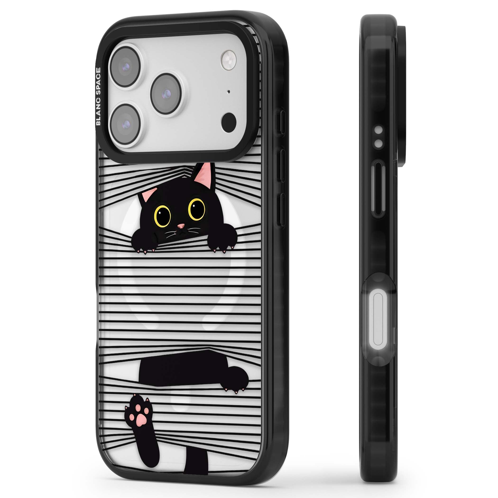 Peek-a-Boo Cat minimal iPhone case featuring black cat peeking through horizontal black and white stripes | Black Impact Magsafe case for iPhone 17 Pro, iPhone 17 Pro Max