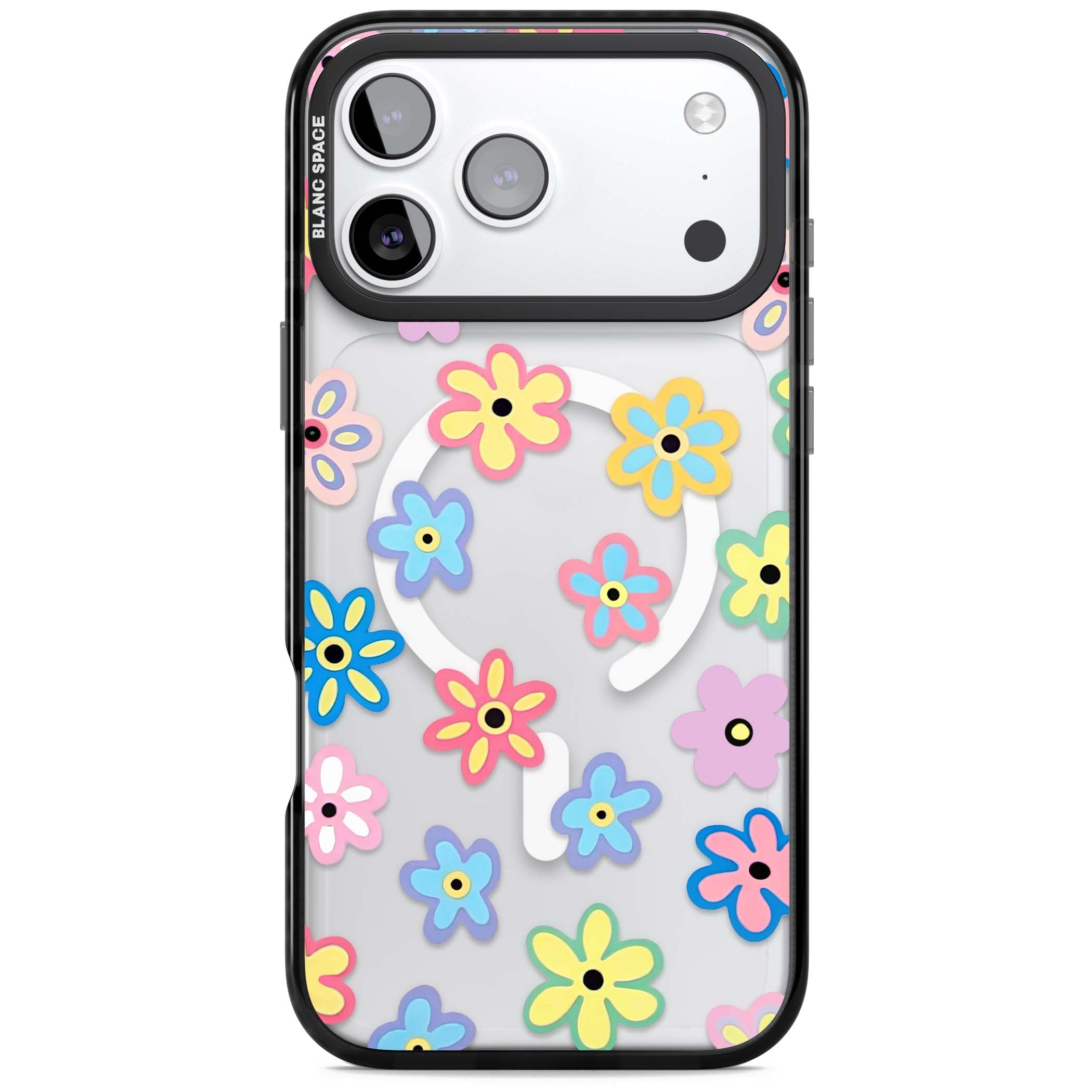 Bloom Pop cottagecore iPhone case featuring multicolor pastel flowers with black centers on clear background | Black Impact Magsafe case for iPhone 17 Pro, iPhone 17 Pro Max