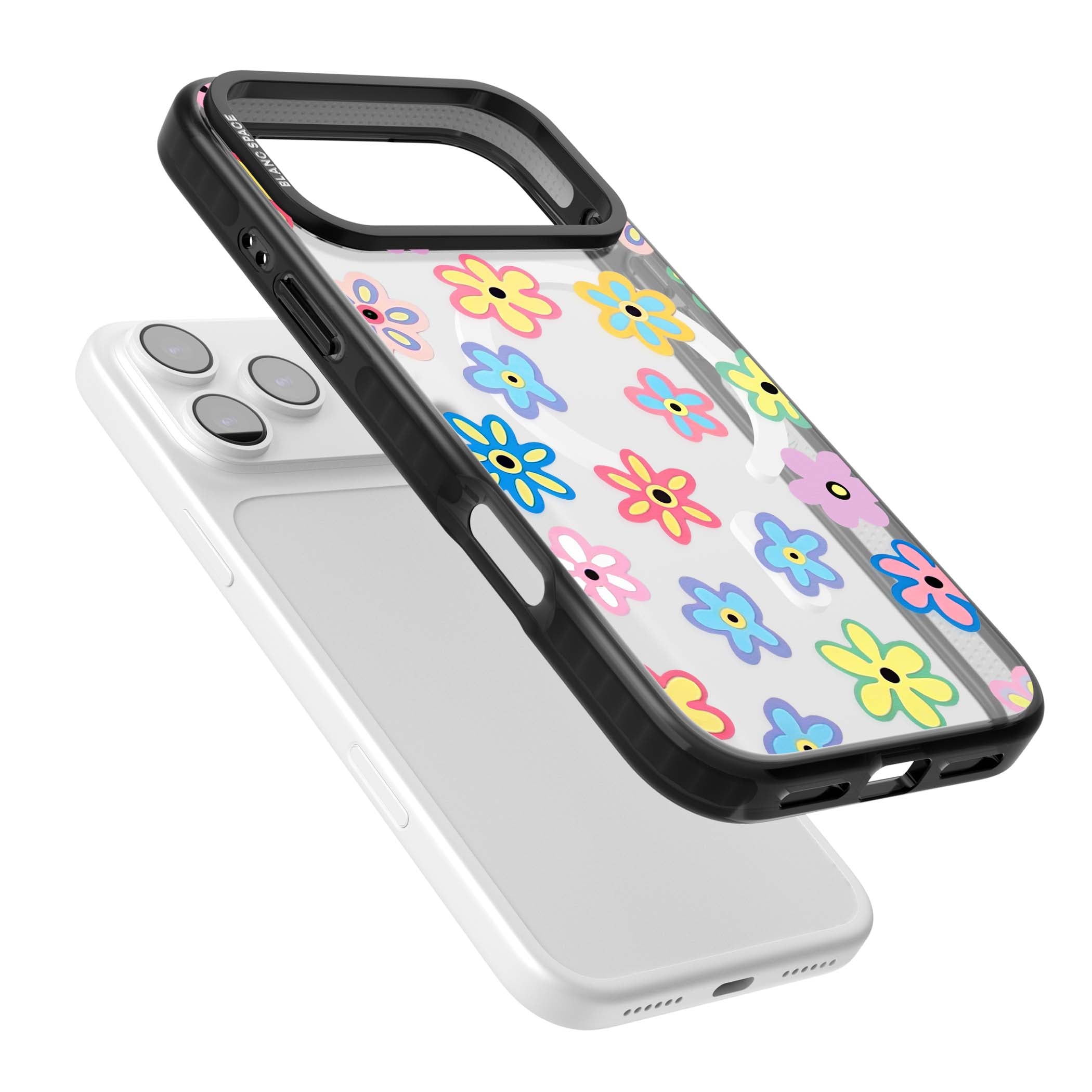 Bloom Pop cottagecore iPhone case featuring multicolor pastel flowers with black centers on clear background | Black Impact Magsafe case for iPhone 17 Pro, iPhone 17 Pro Max