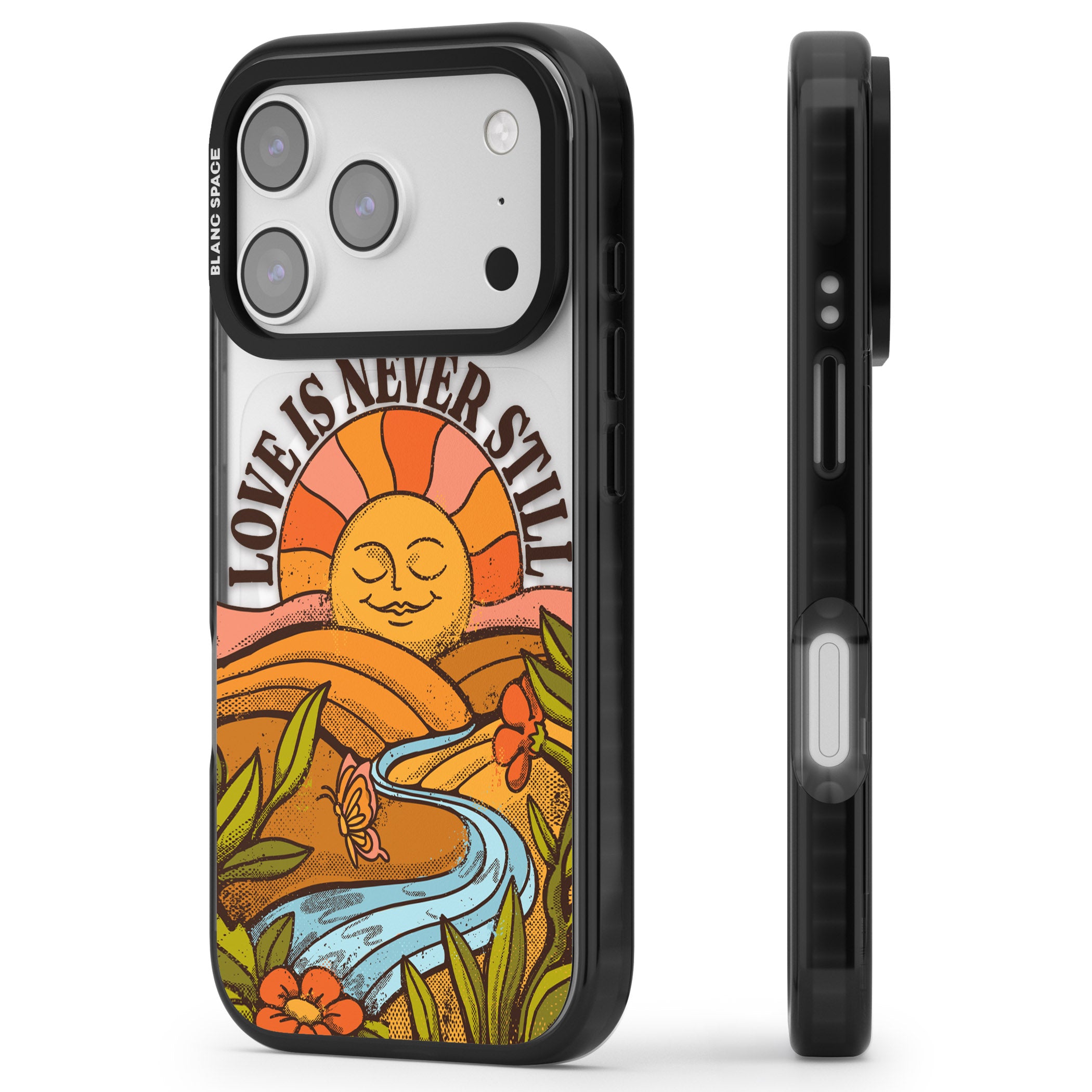 Love Is Never Still iPhone 17 Pro Impact Pro Black Phone Case Side Profile