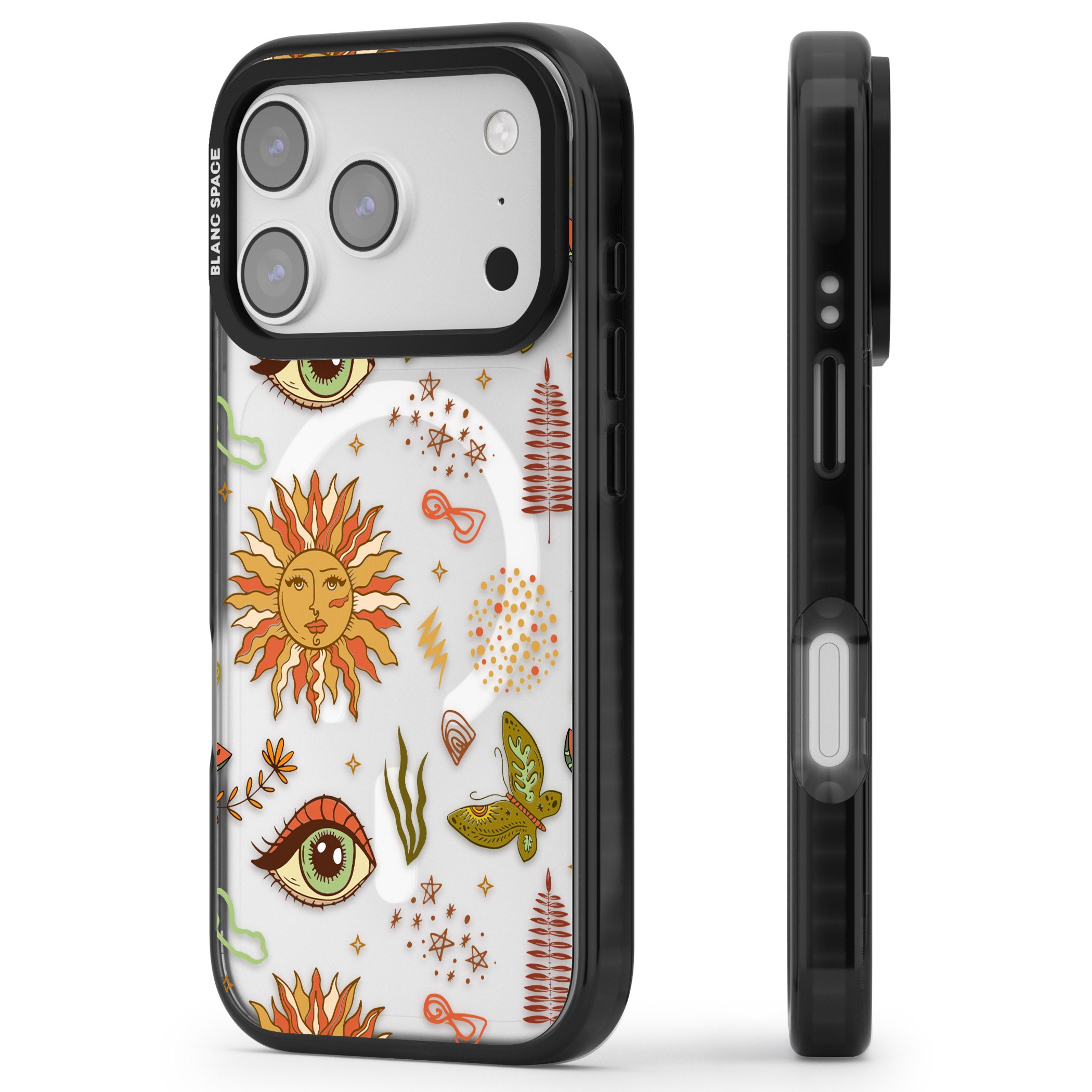 Boho Celestial Sun & Eye Pattern iPhone 17 Pro Max Impact Pro Black Phone Case Side Profile