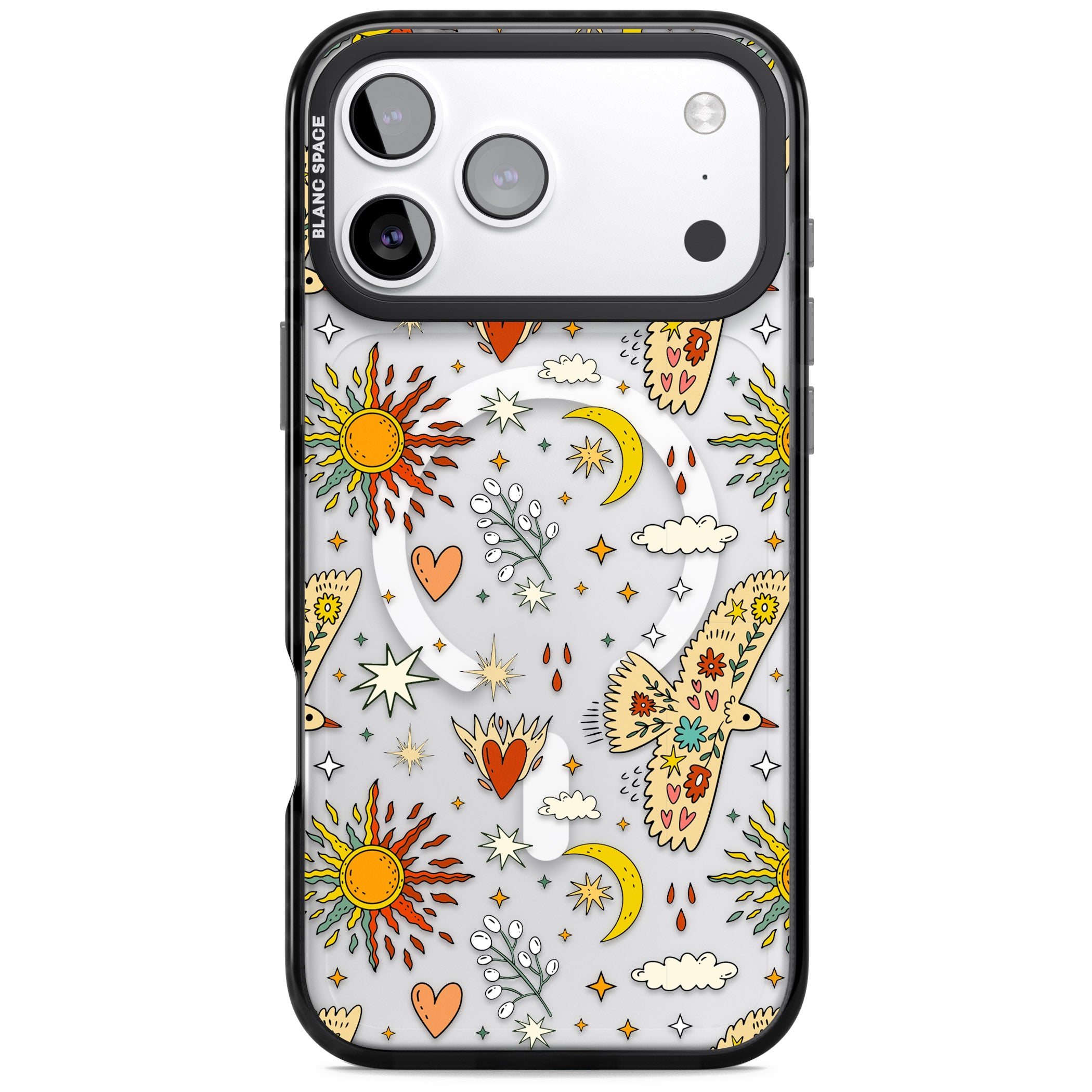 Boho Celestial Floral Bird Sun iPhone 17 Pro Max Impact Pro Black Phone Case