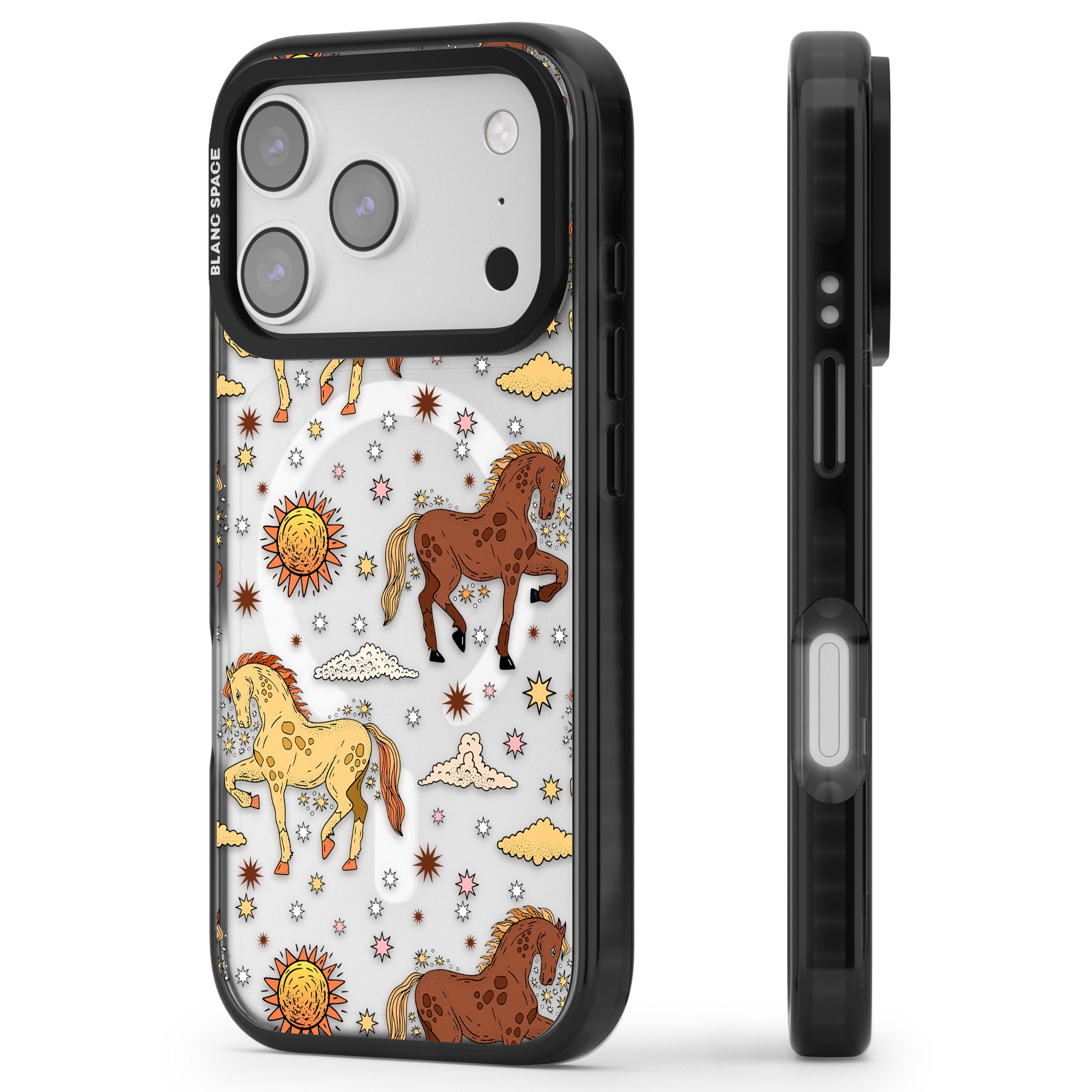 Boho Celestial Wild Horses iPhone 17 Pro Max Impact Pro Black Phone Case Side Profile