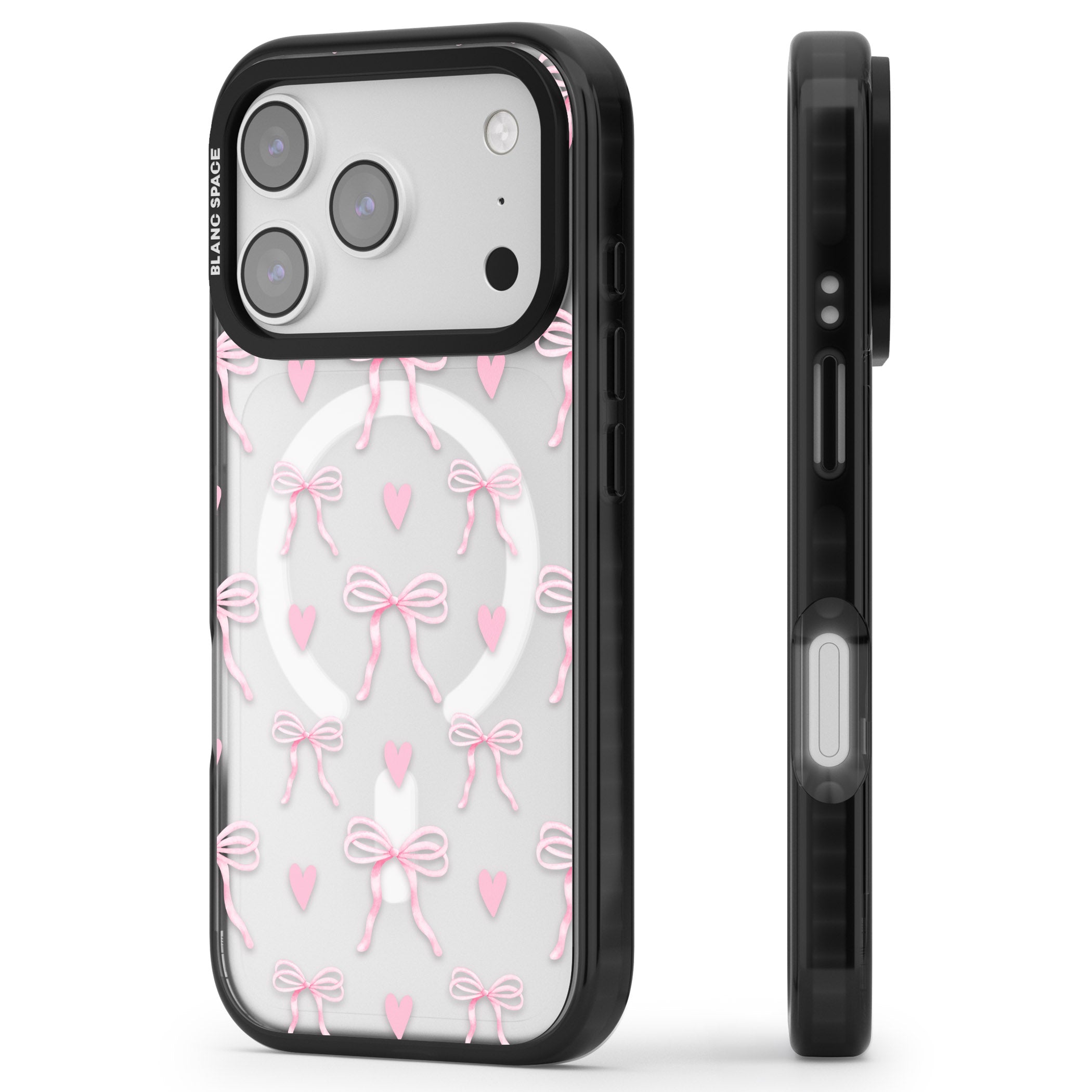 Pink Bows & Hearts iPhone 17 Pro Max Impact Pro Black Phone Case Side Profile