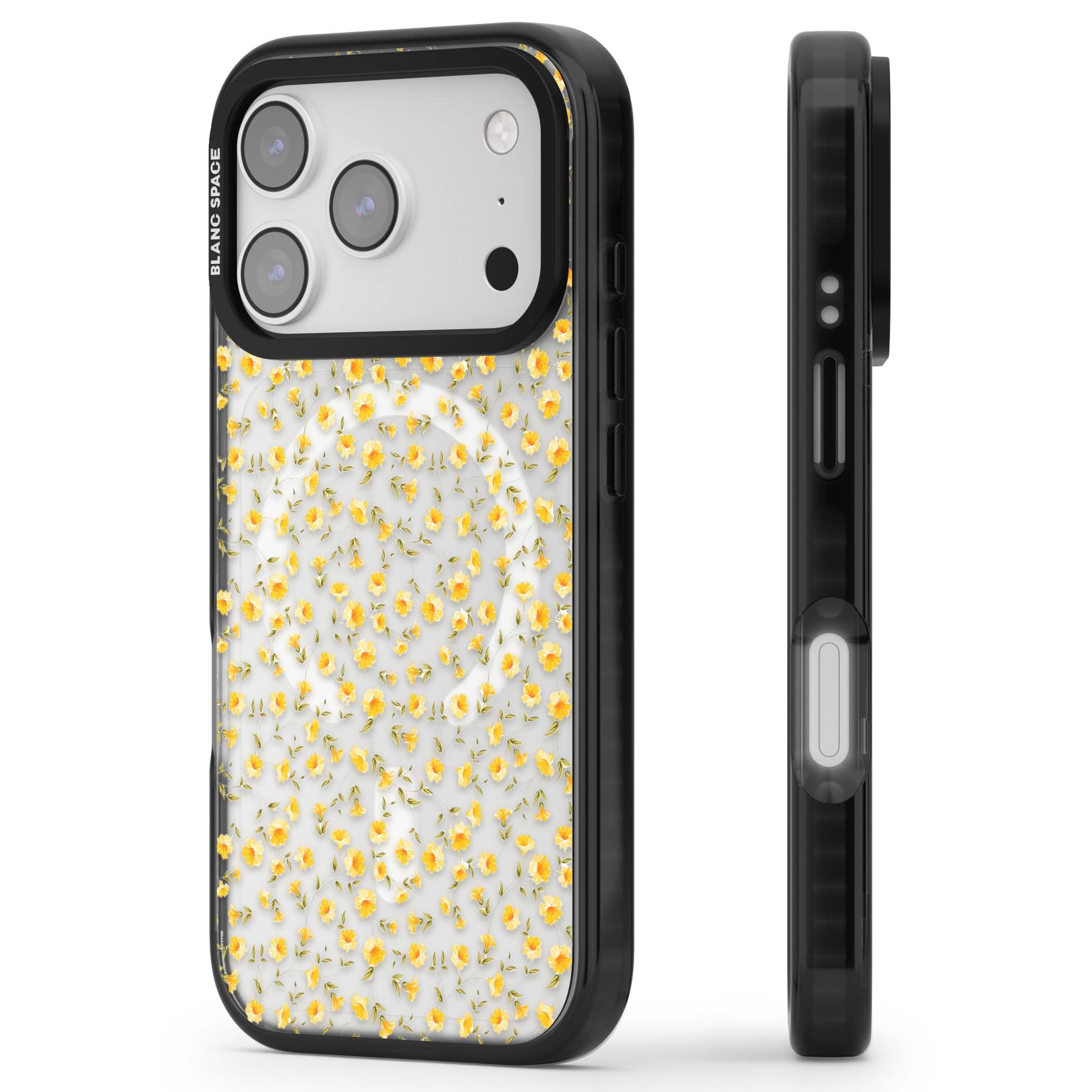 Buttercup wildflower iPhone case featuring tiny yellow flowers and trailing green vines on clear | Black Impact Magsafe case for iPhone 17 Pro, iPhone 17 Pro Max