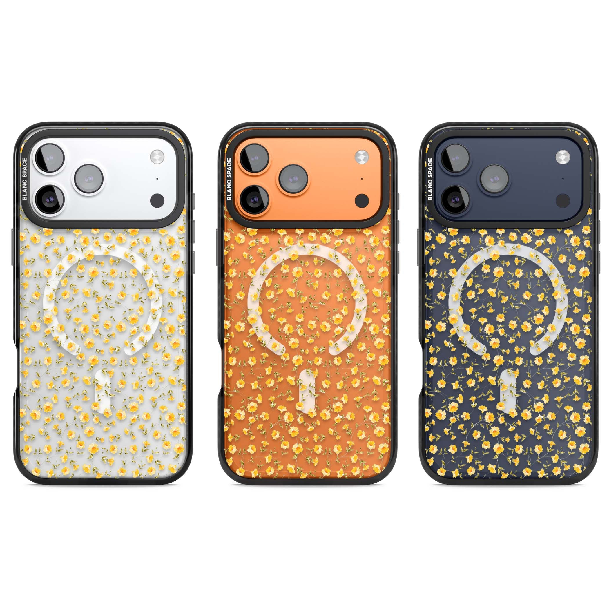 Buttercup wildflower iPhone case featuring tiny yellow flowers and trailing green vines on clear | Black Impact Magsafe case for iPhone 17 Pro, iPhone 17 Pro Max