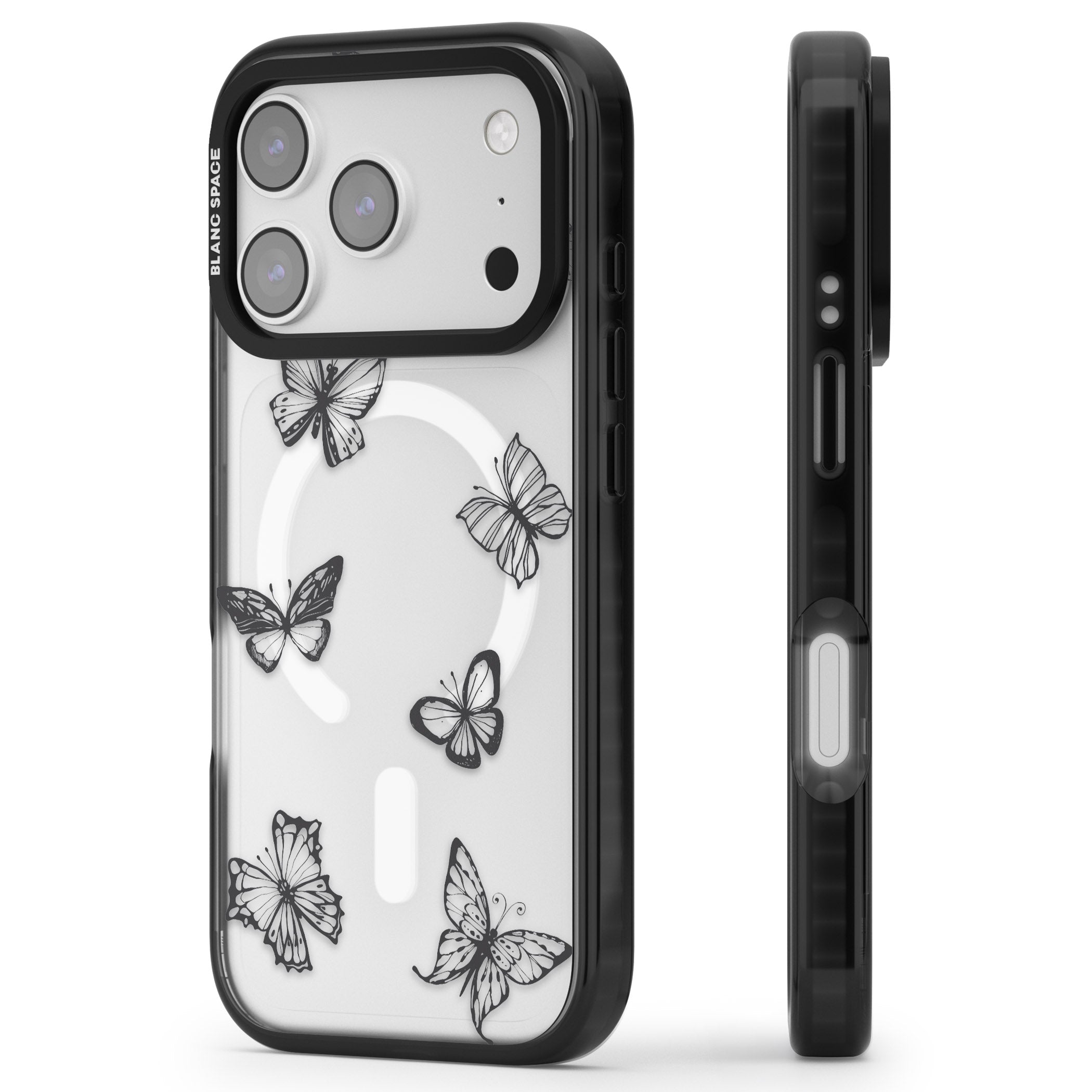 Grey Butterfly Line Pattern iPhone 17 Pro Max Impact Pro Black Phone Case Side Profile