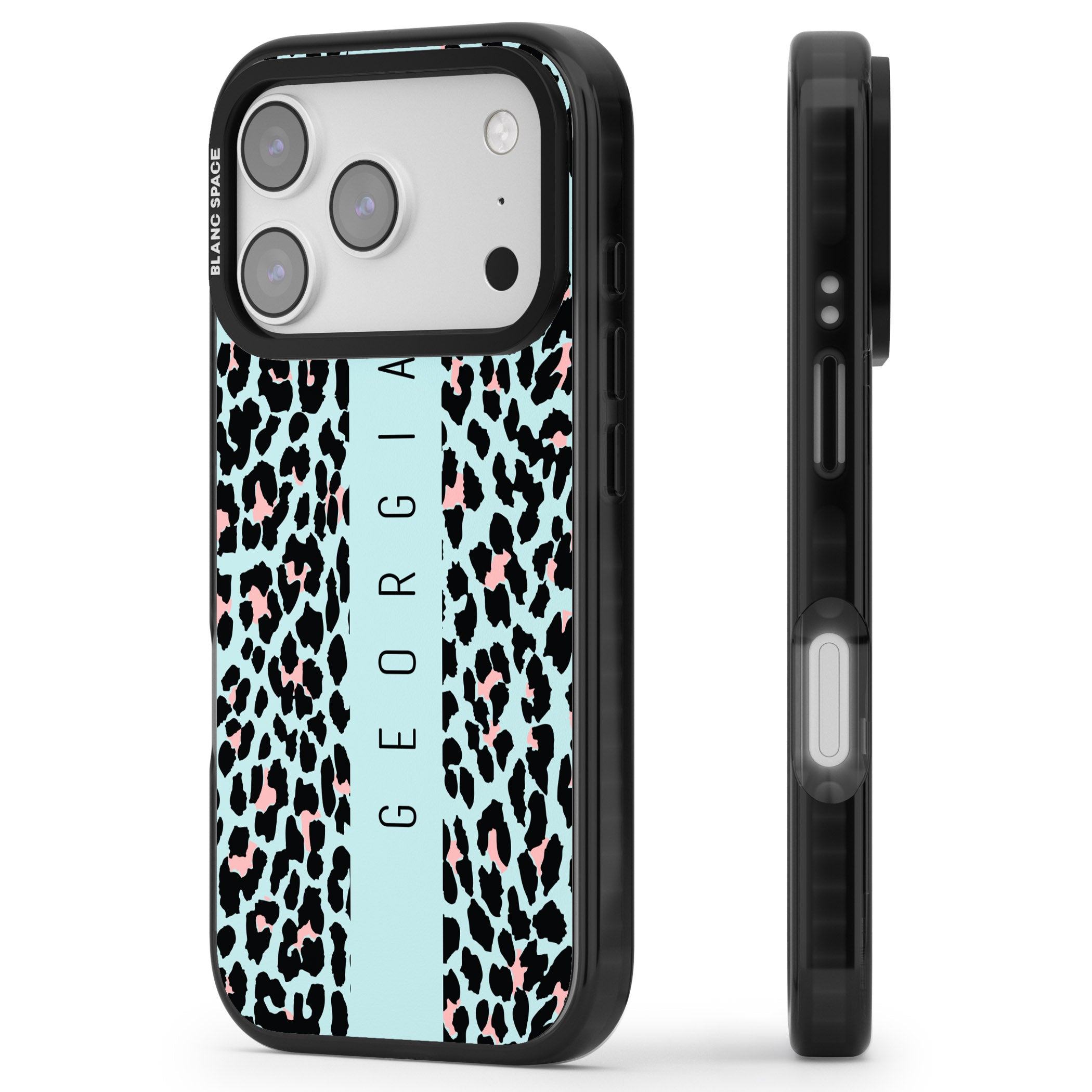 Personalised Blue Leopard iPhone 17 Pro Max Impact Pro Black Phone Case Side Profile