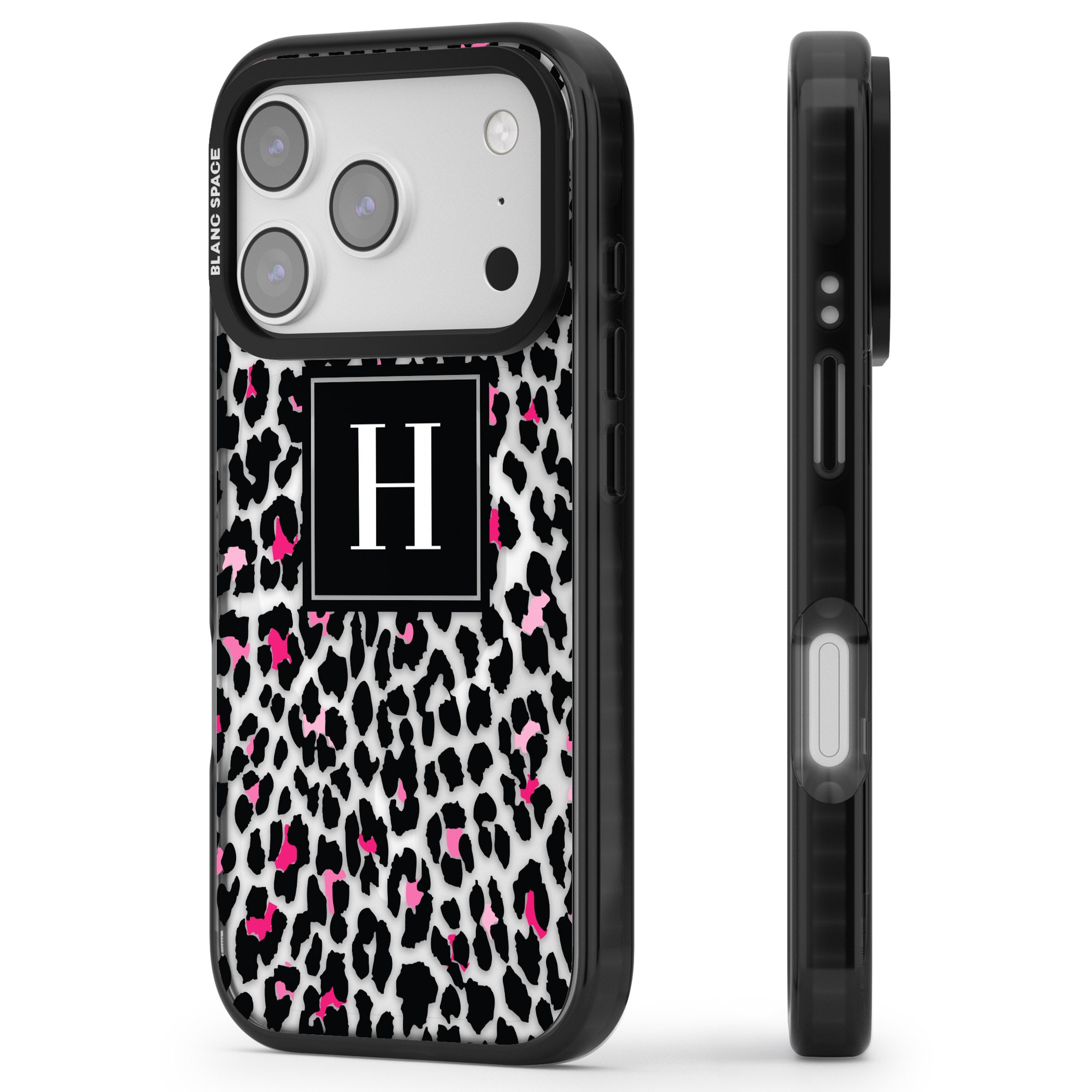 Personalised Clear Pink Leopard Monogram iPhone 17 Pro Max Impact Pro Black Phone Case Side Profile