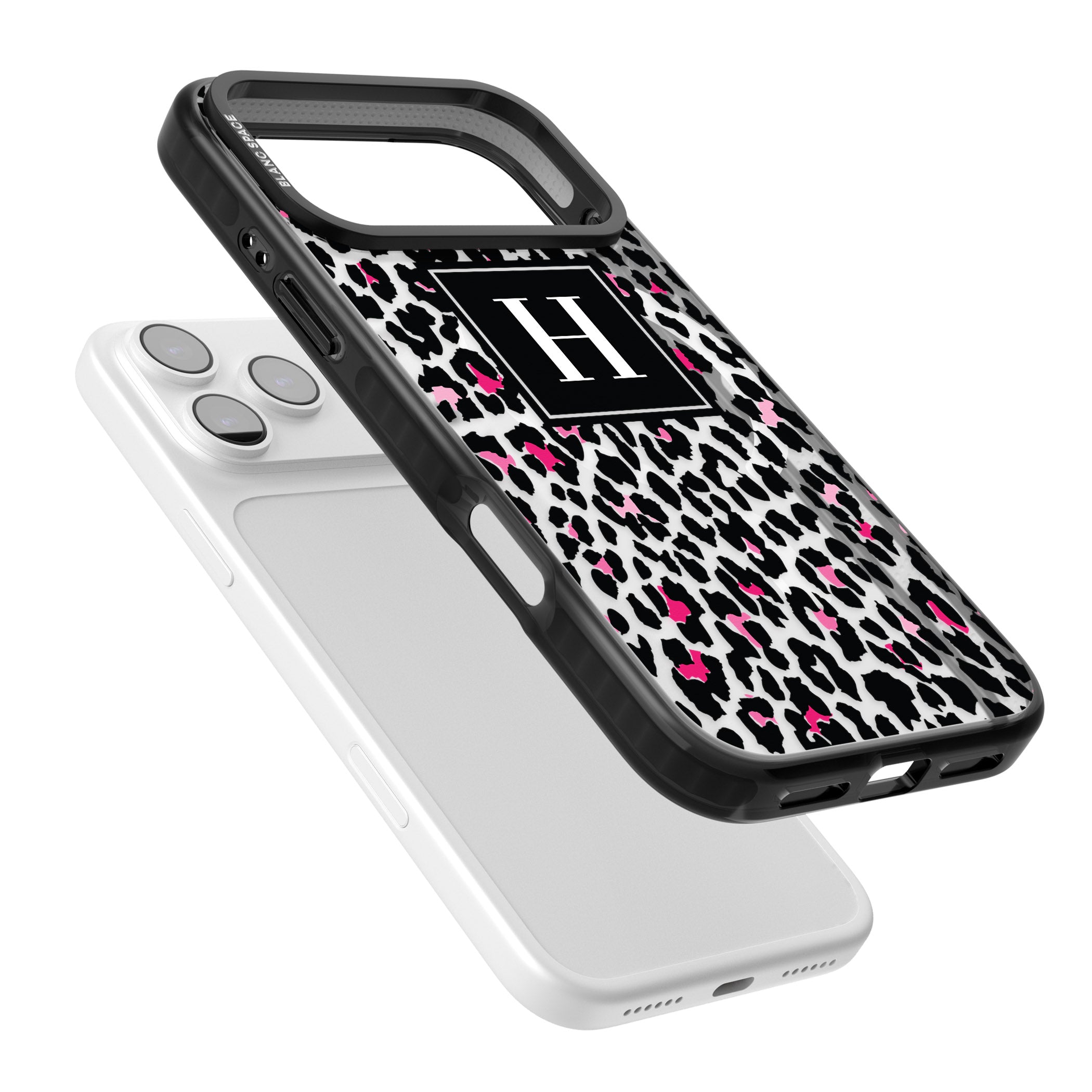 Personalised Clear Pink Leopard Monogram iPhone 17 Pro Max Impact Pro Black Phone Case Colours