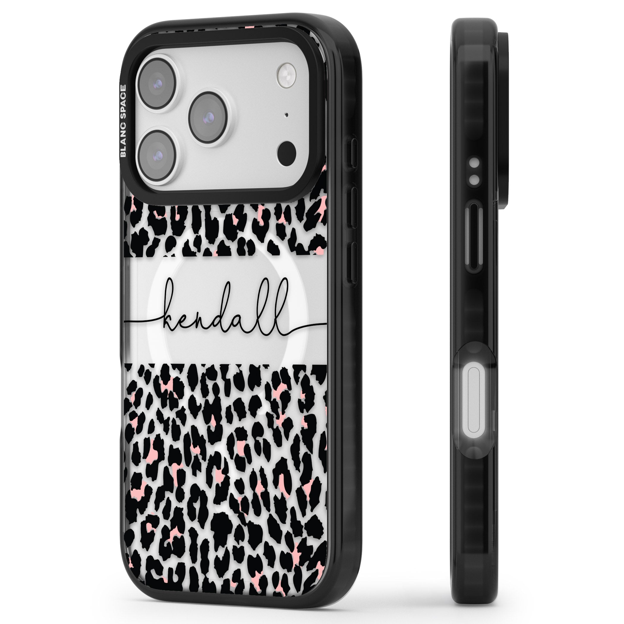 Personalised Cursive Leopard Spots iPhone 17 Pro Max Impact Pro Black Phone Case Side Profile