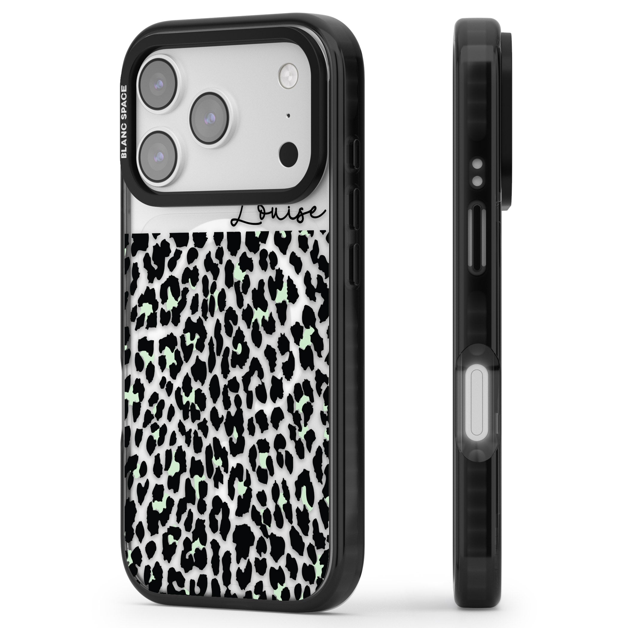 Personalised Seafoam Leopard iPhone 17 Pro Max Impact Pro Black Phone Case Side Profile