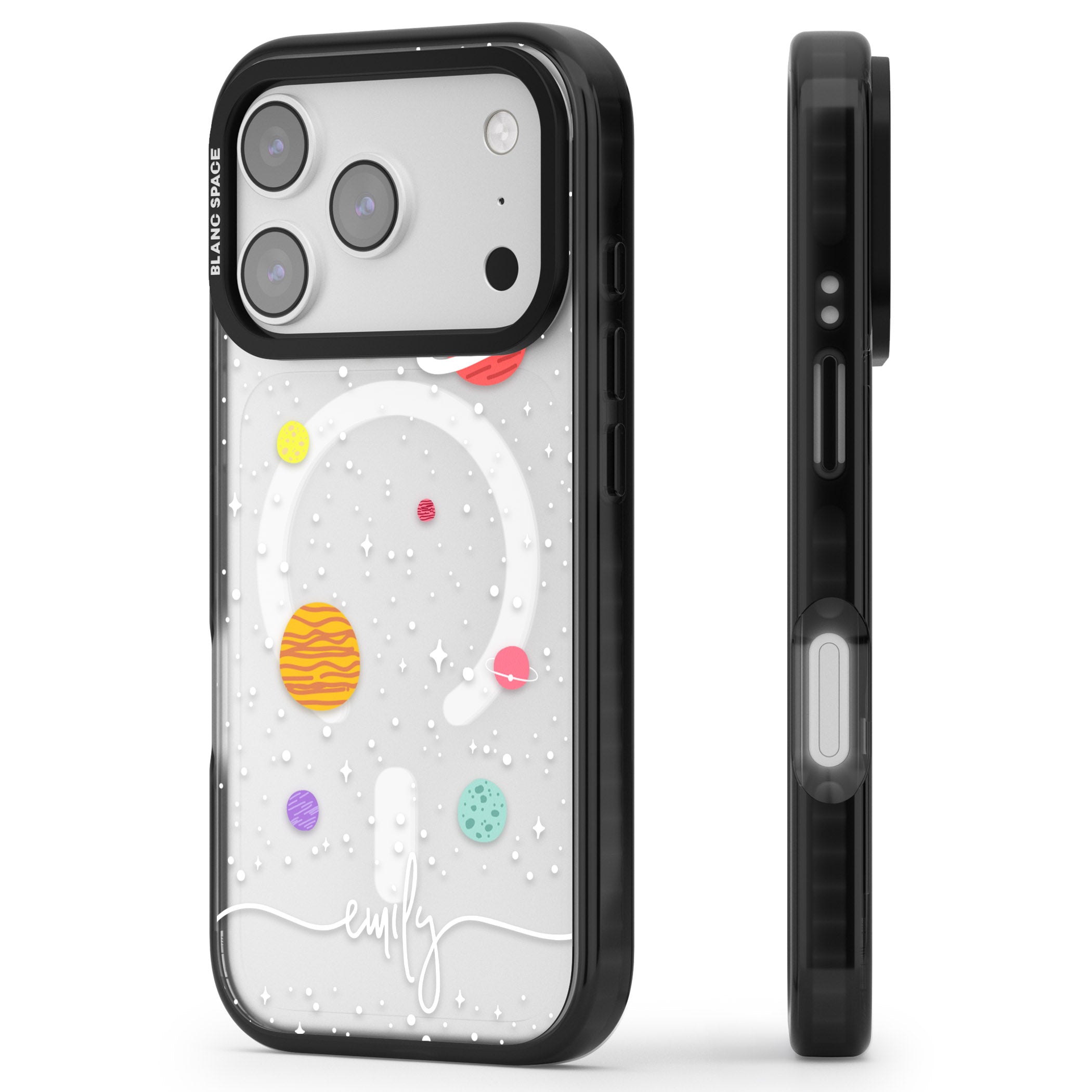Personalised Cute Cartoon Planet (Clear) iPhone 17 Pro Max Impact Pro Black Phone Case Side Profile