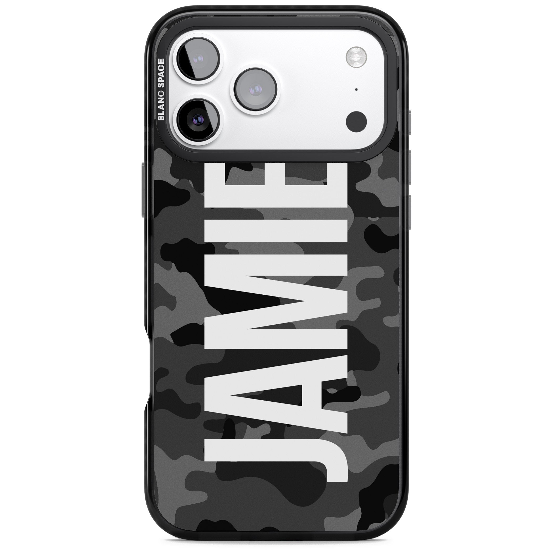 Personalised Black Camo Name Vertical iPhone 17 Pro Max Impact Pro Black Phone Case
