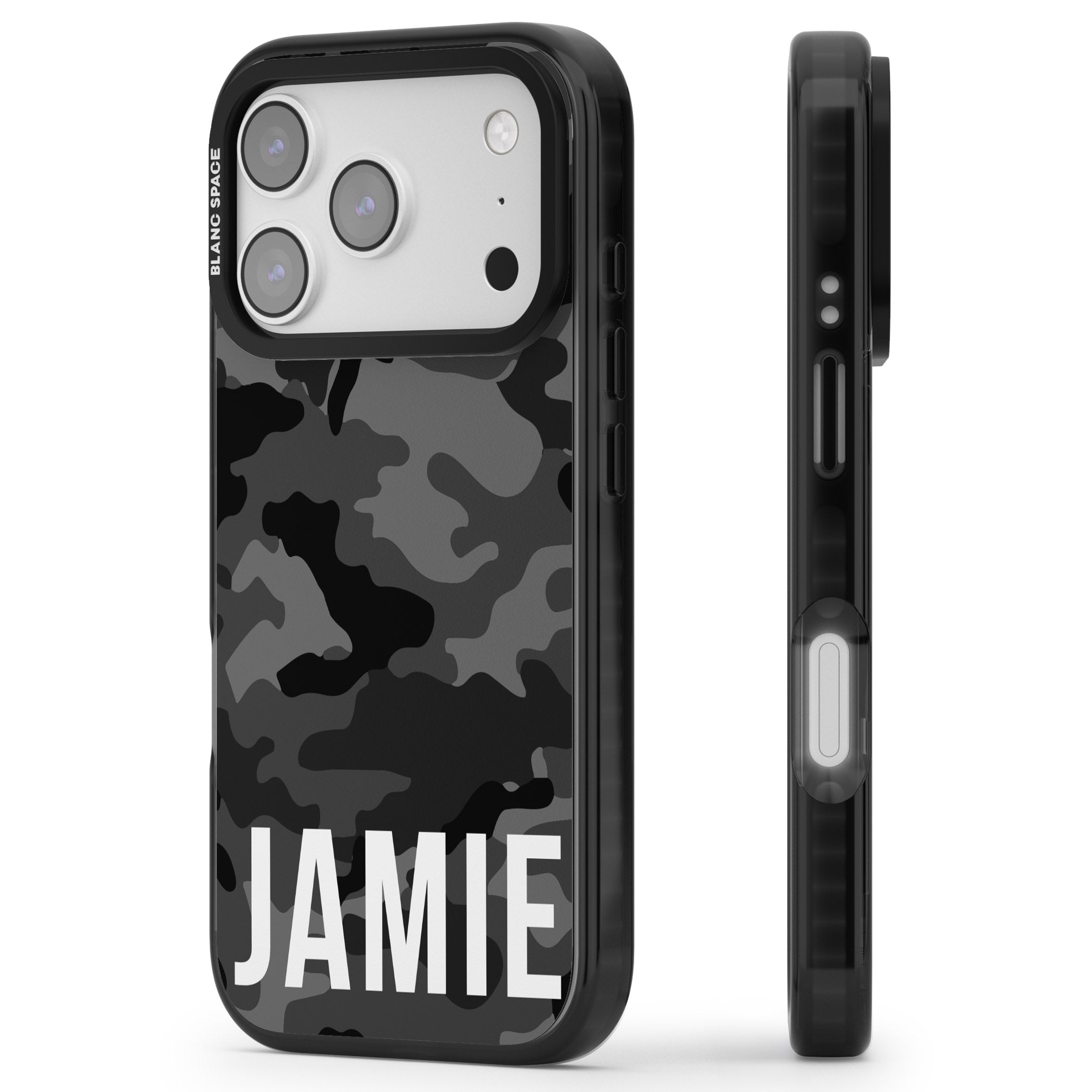 Personalised Black Camo Name Horizontal iPhone 17 Pro Max Impact Pro Black Phone Case Side Profile