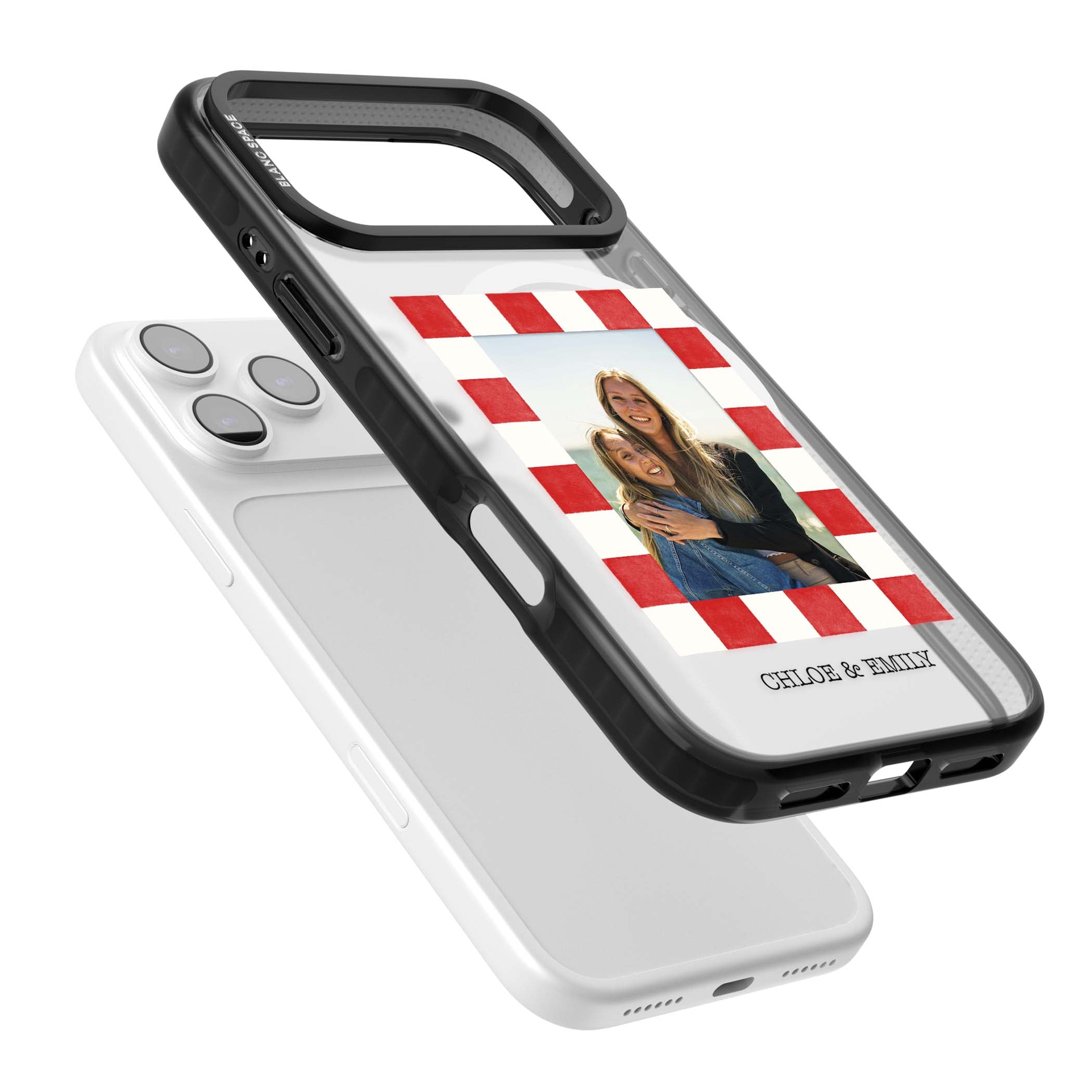 Red Check Photo personalised photo iPhone case with red and white checkered polaroid frame and custom couple name | Black Impact Magsafe case for iPhone 17 Pro, iPhone 17 Pro Max