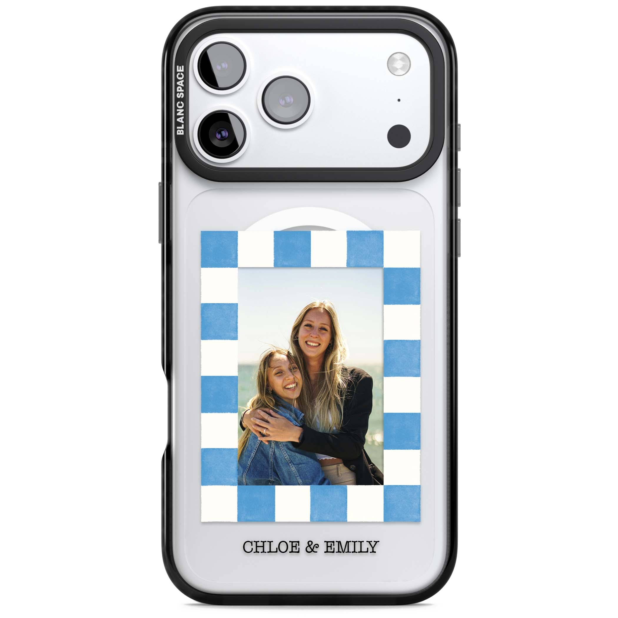 Blue Check Photo personalised photo iPhone case with blue checkered frame and custom couple names | Black Impact Magsafe case for iPhone 17 Pro, iPhone 17 Pro Max