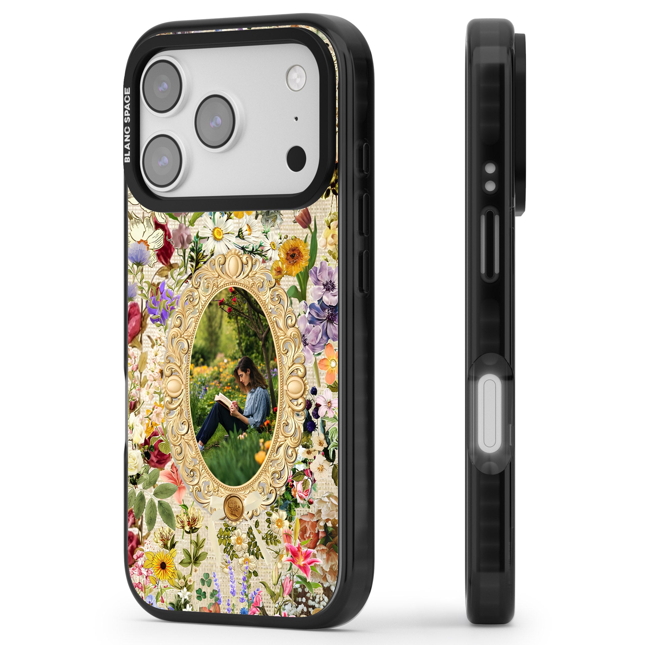 Personalised Vintage Wildflower Frame iPhone 17 Pro Max Impact Pro Black Phone Case Side Profile