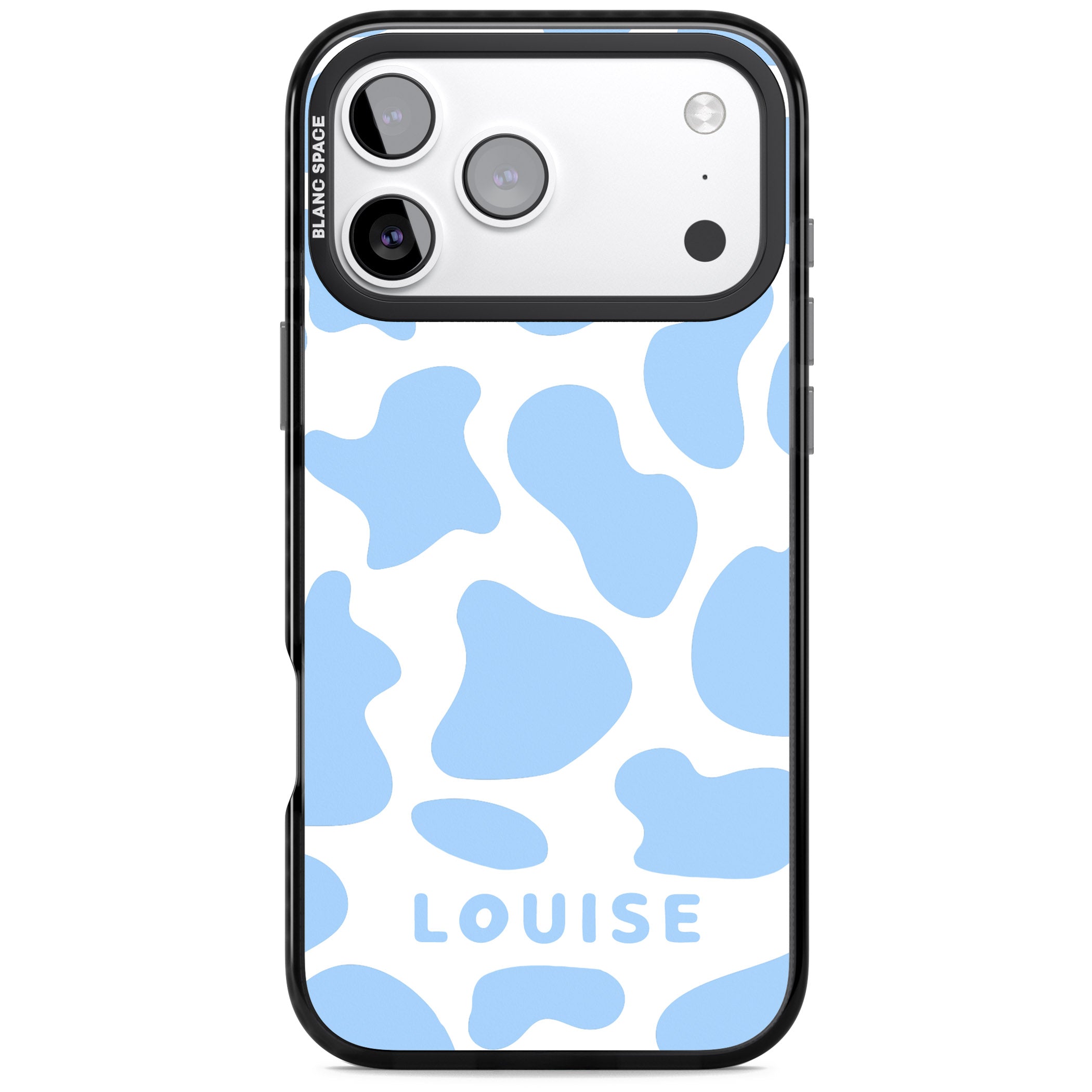 Personalised Blue And White Cow Print iPhone 17 Pro Impact Pro Black Phone Case