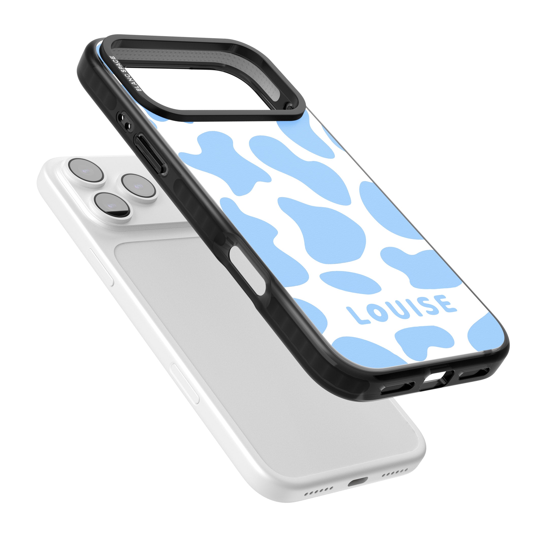 Personalised Blue And White Cow Print iPhone 17 Pro Impact Pro Black Phone Case Colours