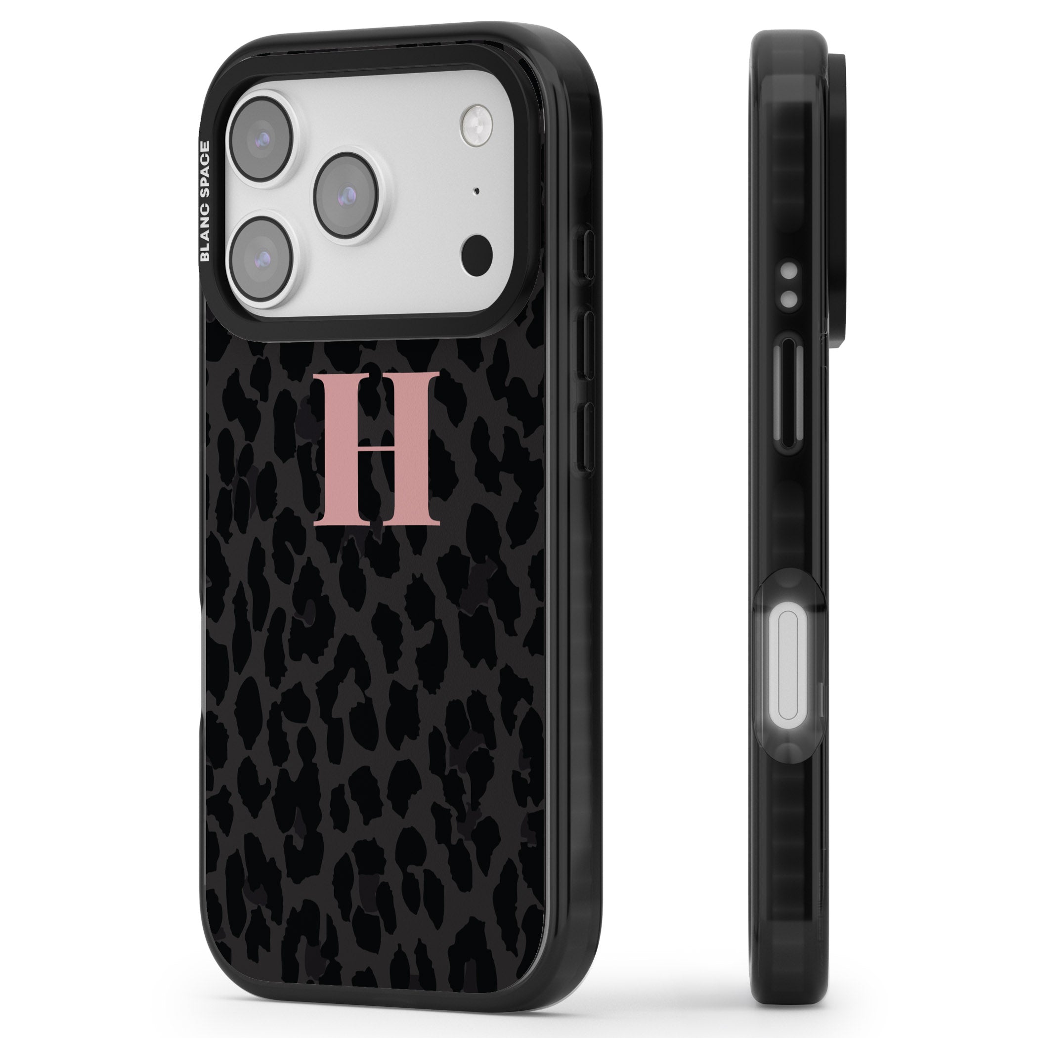 Personalised Pink Leopard Monogram iPhone 17 Pro Max Impact Pro Black Phone Case Side Profile