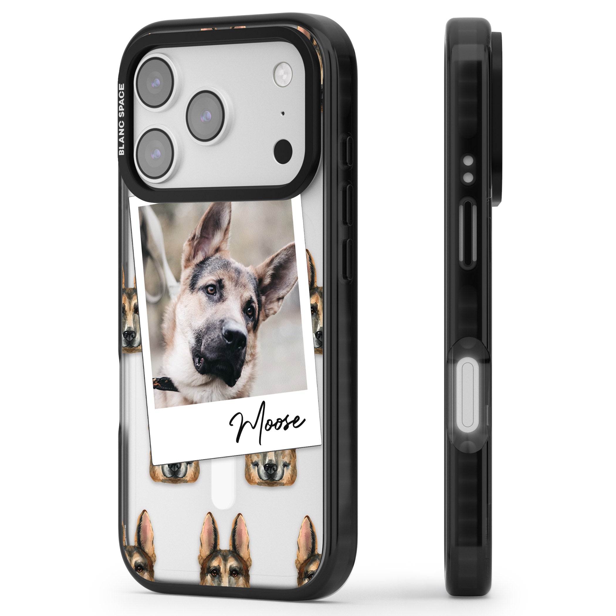 Personalised German Shepherd Instant Camera Photo iPhone 17 Pro Max Impact Pro Black Phone Case Side Profile
