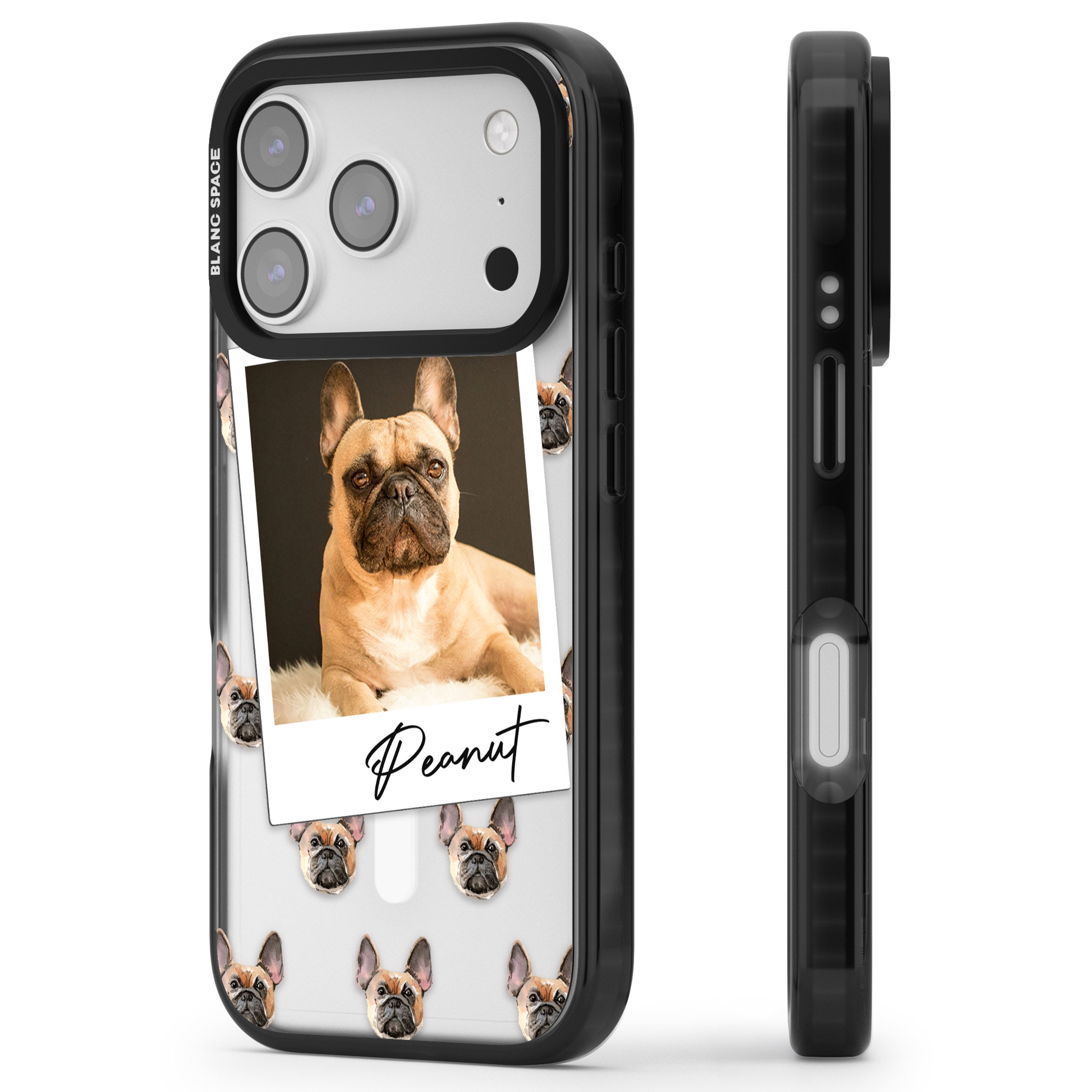 Personalised Tan French Bulldog Instant Camera Photo iPhone 17 Pro Max Impact Pro Black Phone Case Side Profile