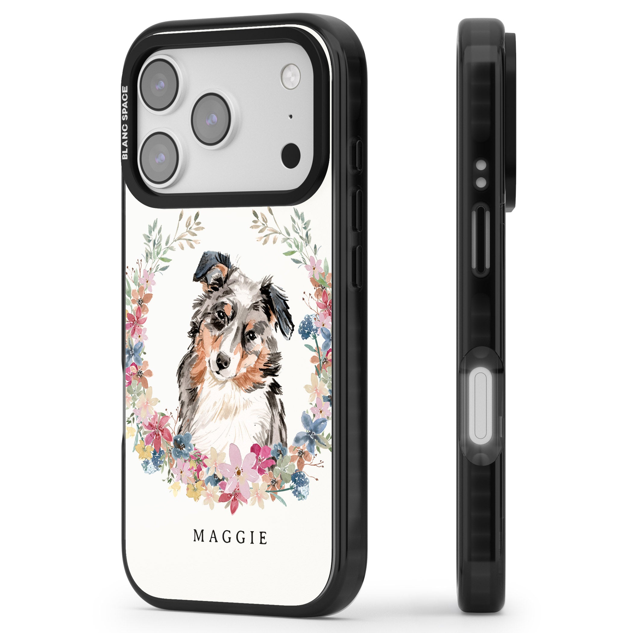 Personalised Australian Shepherd Floral Portrait iPhone 17 Pro Max Impact Pro Black Phone Case Side Profile
