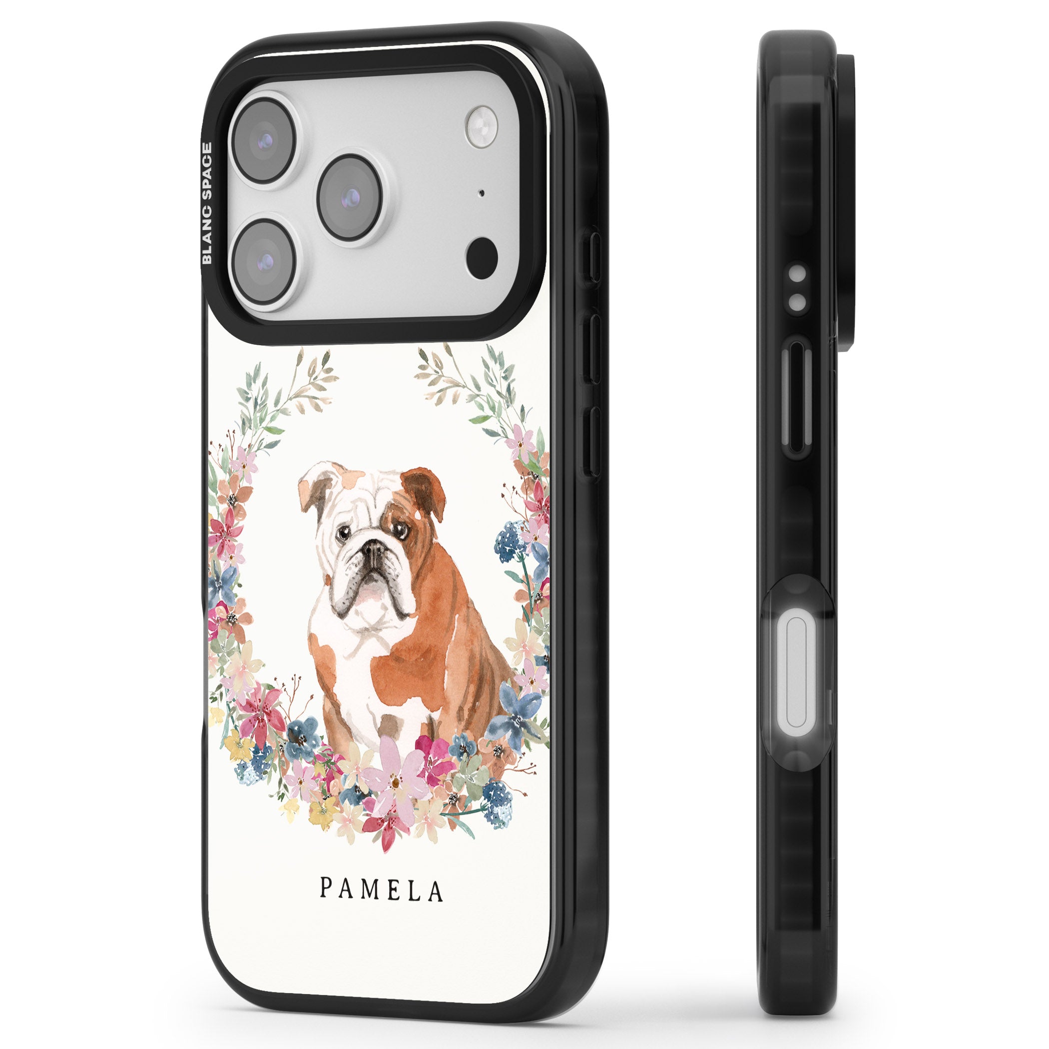 Personalised English Bulldog Floral Portrait iPhone 17 Pro Max Impact Pro Black Phone Case Side Profile