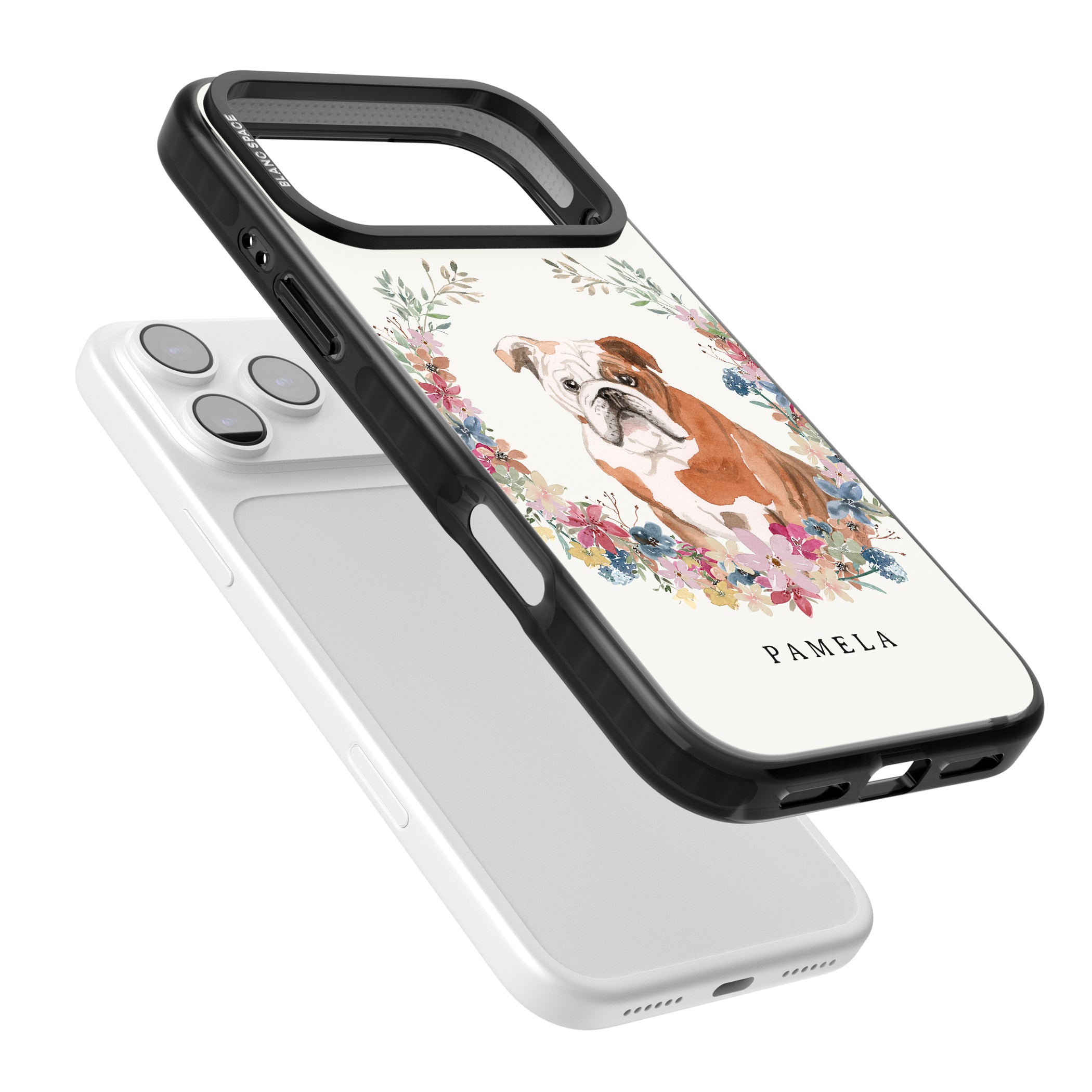 Personalised English Bulldog Floral Portrait iPhone 17 Pro Max Impact Pro Black Phone Case Colours