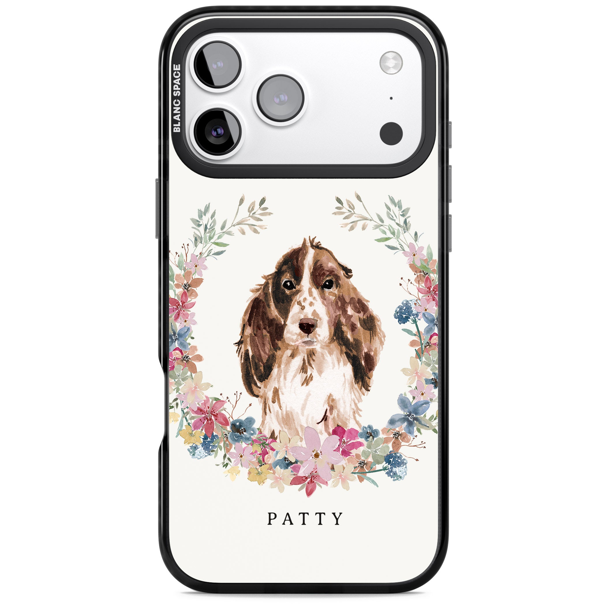 Personalised Cocker Spaniel Floral Portrait iPhone 17 Pro Max Impact Pro Black Phone Case