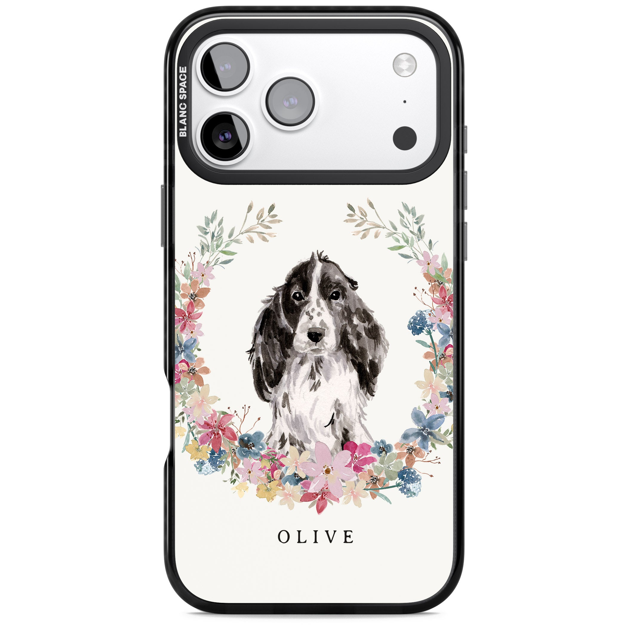Personalised Black Cocker Spaniel Floral Portrait iPhone 17 Pro Max Impact Pro Black Phone Case