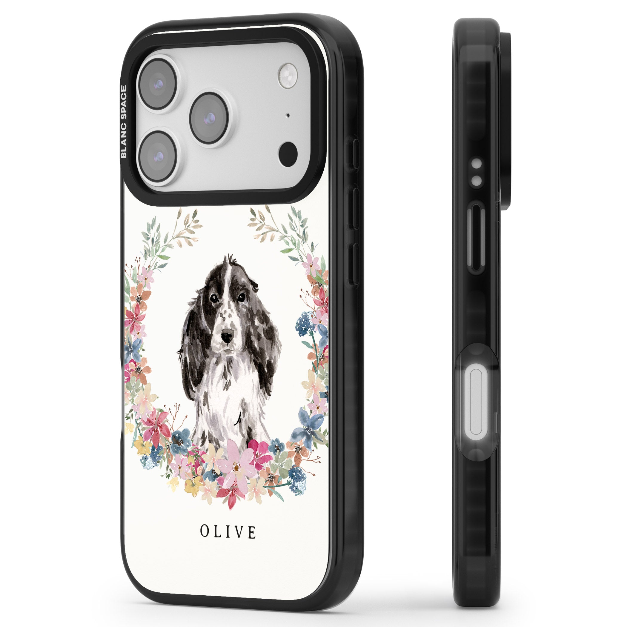 Personalised Black Cocker Spaniel Floral Portrait iPhone 17 Pro Max Impact Pro Black Phone Case Side Profile
