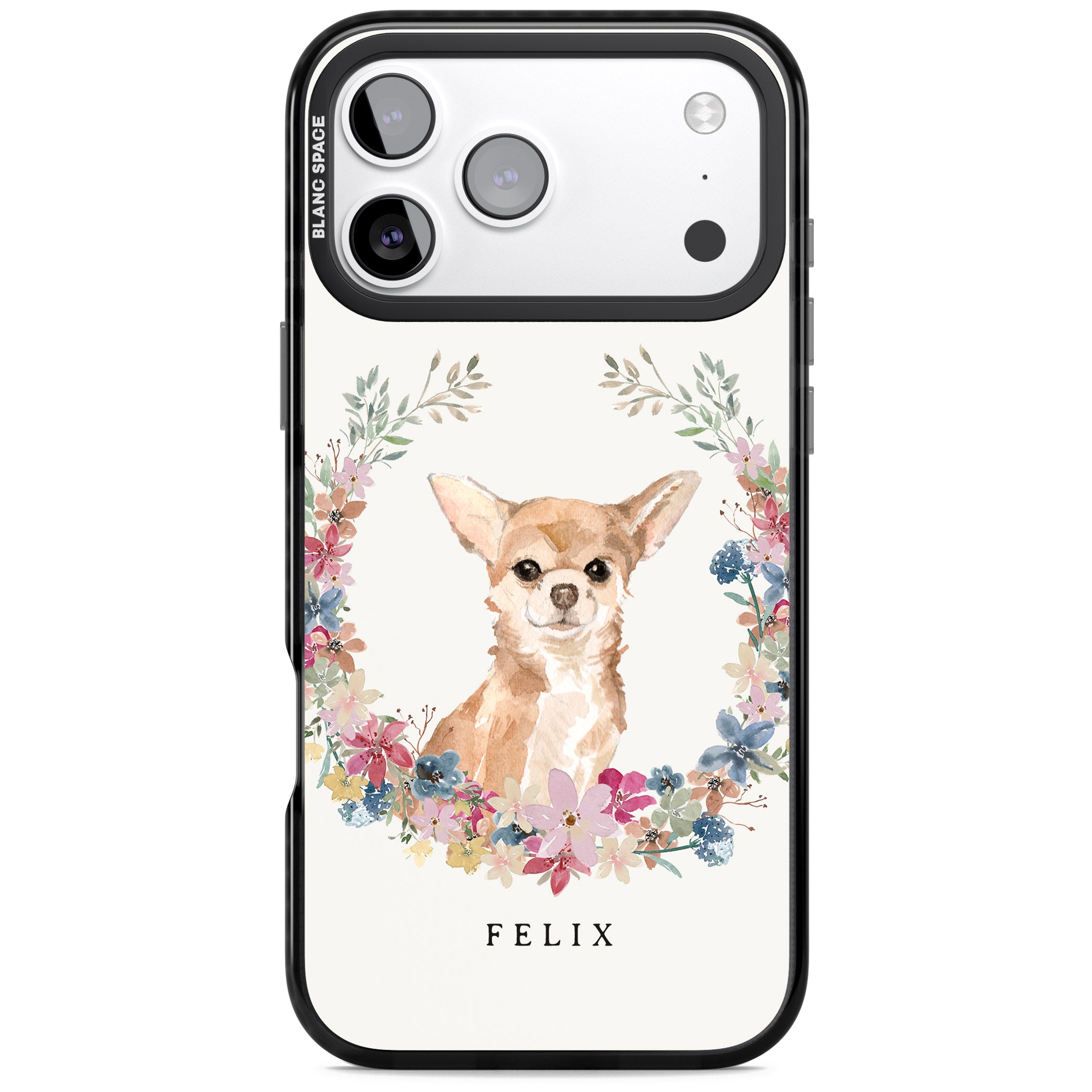 Personalised Chihuahua Floral Portrait iPhone 17 Pro Max Impact Pro Black Phone Case