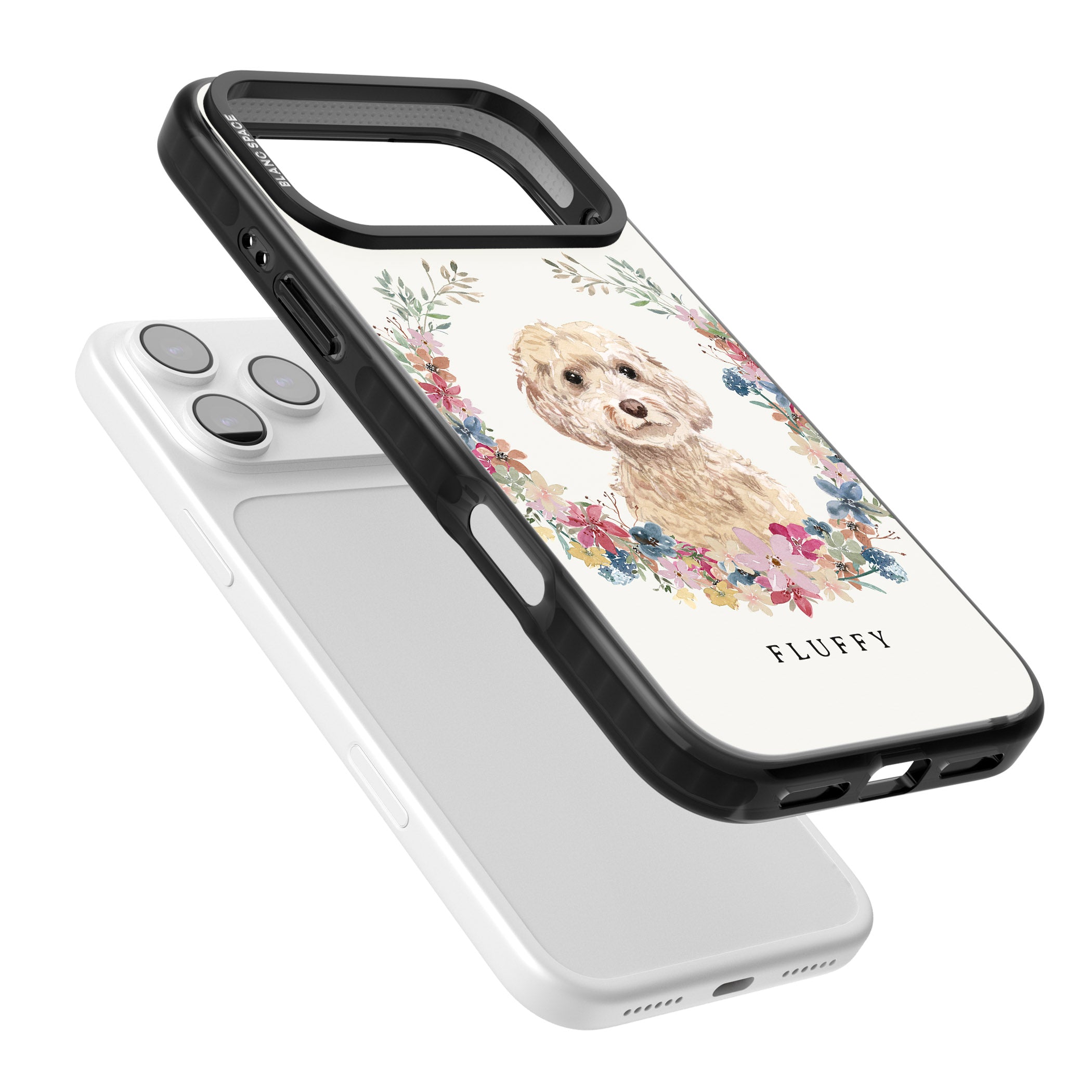 Personalised Champagne Cockapoo Floral Portrait iPhone 17 Pro Max Impact Pro Black Phone Case Colours