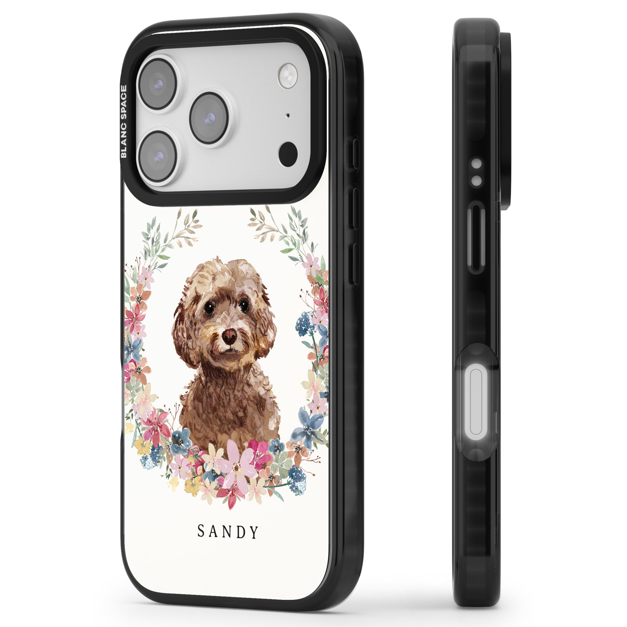 Personalised Brown Cockapoo Floral Portrait iPhone 17 Pro Max Impact Pro Black Phone Case Side Profile