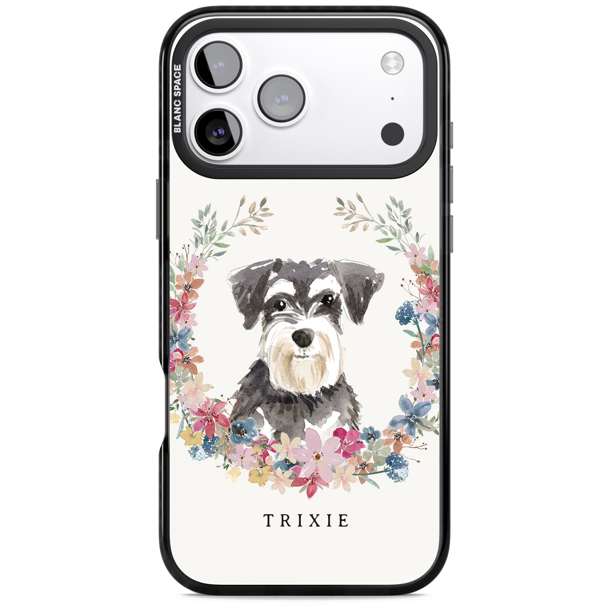 Personalised Watercolor Schnauzer Floral Portrait iPhone 17 Pro Max Impact Pro Black Phone Case