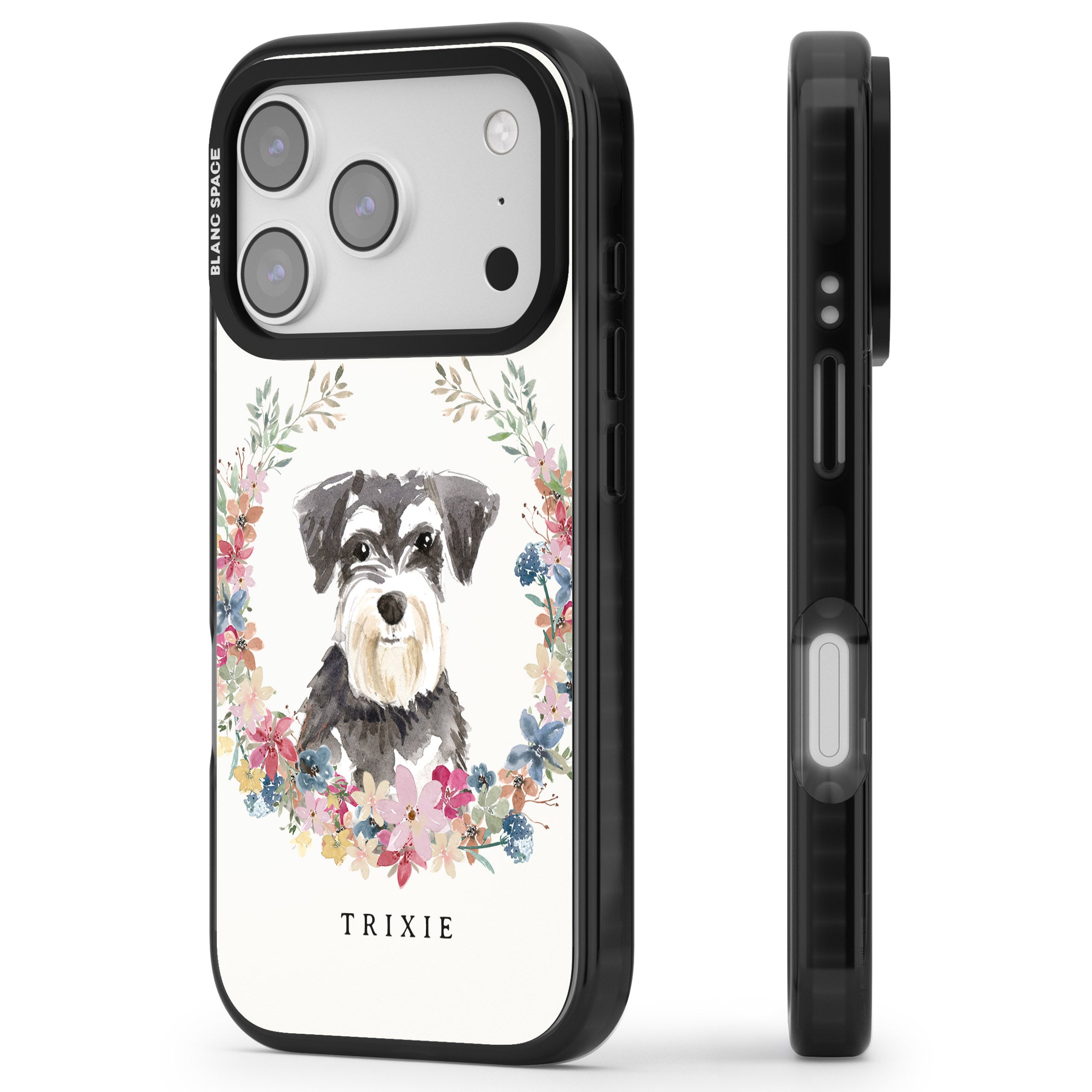 Personalised Watercolor Schnauzer Floral Portrait iPhone 17 Pro Max Impact Pro Black Phone Case Side Profile