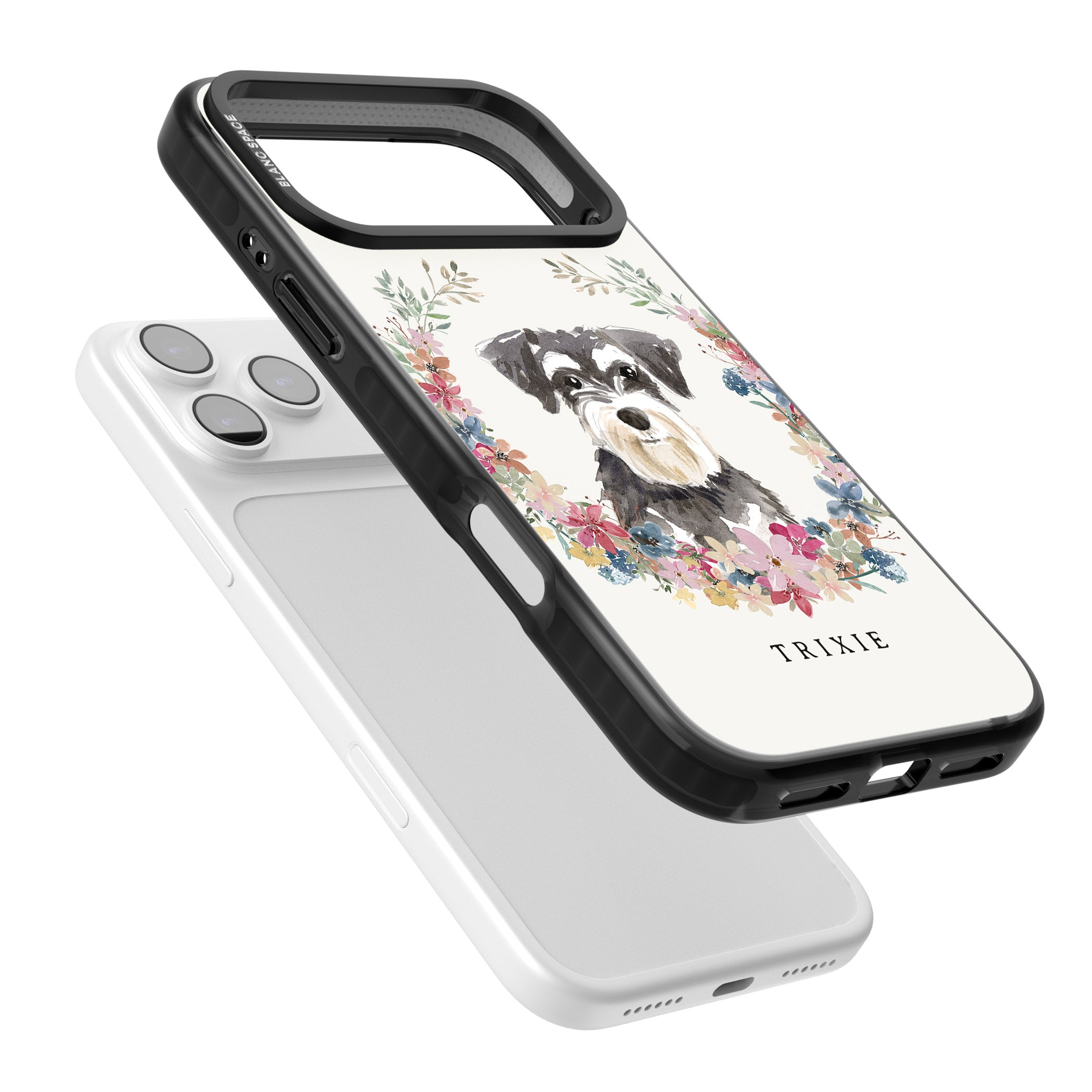 Personalised Watercolor Schnauzer Floral Portrait iPhone 17 Pro Max Impact Pro Black Phone Case Colours