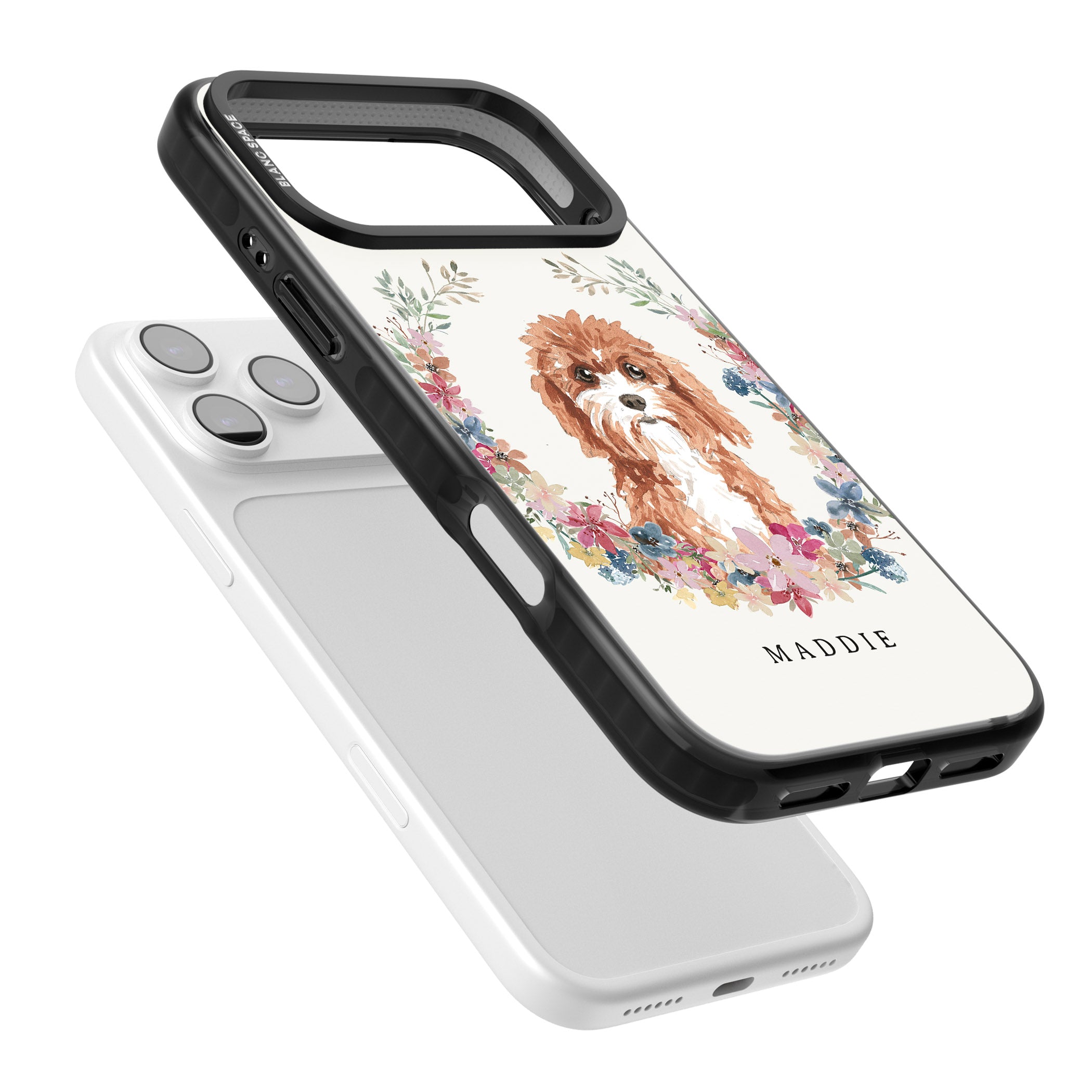 Personalised Cavapoo Floral Portrait iPhone 17 Pro Max Impact Pro Black Phone Case Colours