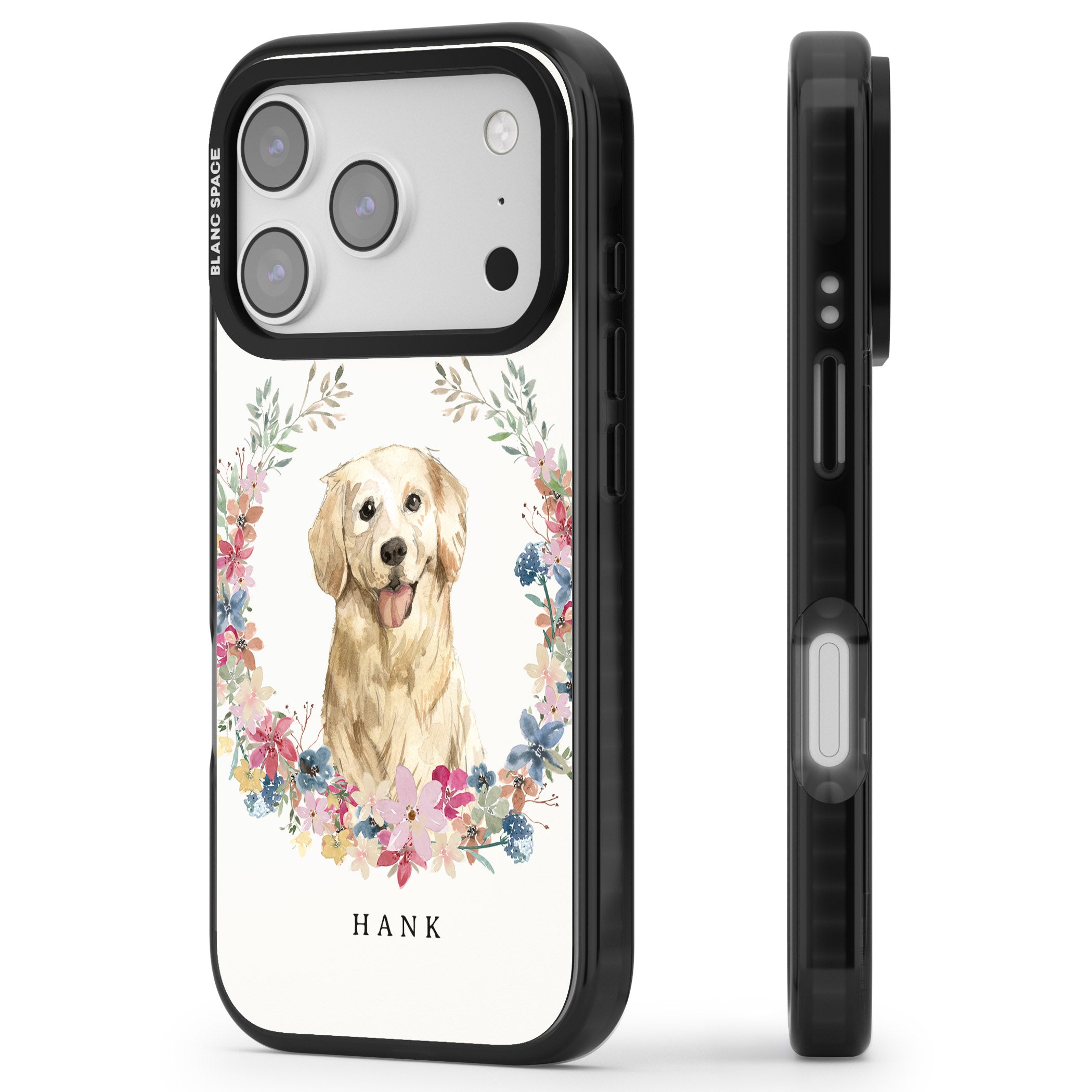 Personalised Golden Retriever Floral Portrait iPhone 17 Pro Max Impact Pro Black Phone Case Side Profile