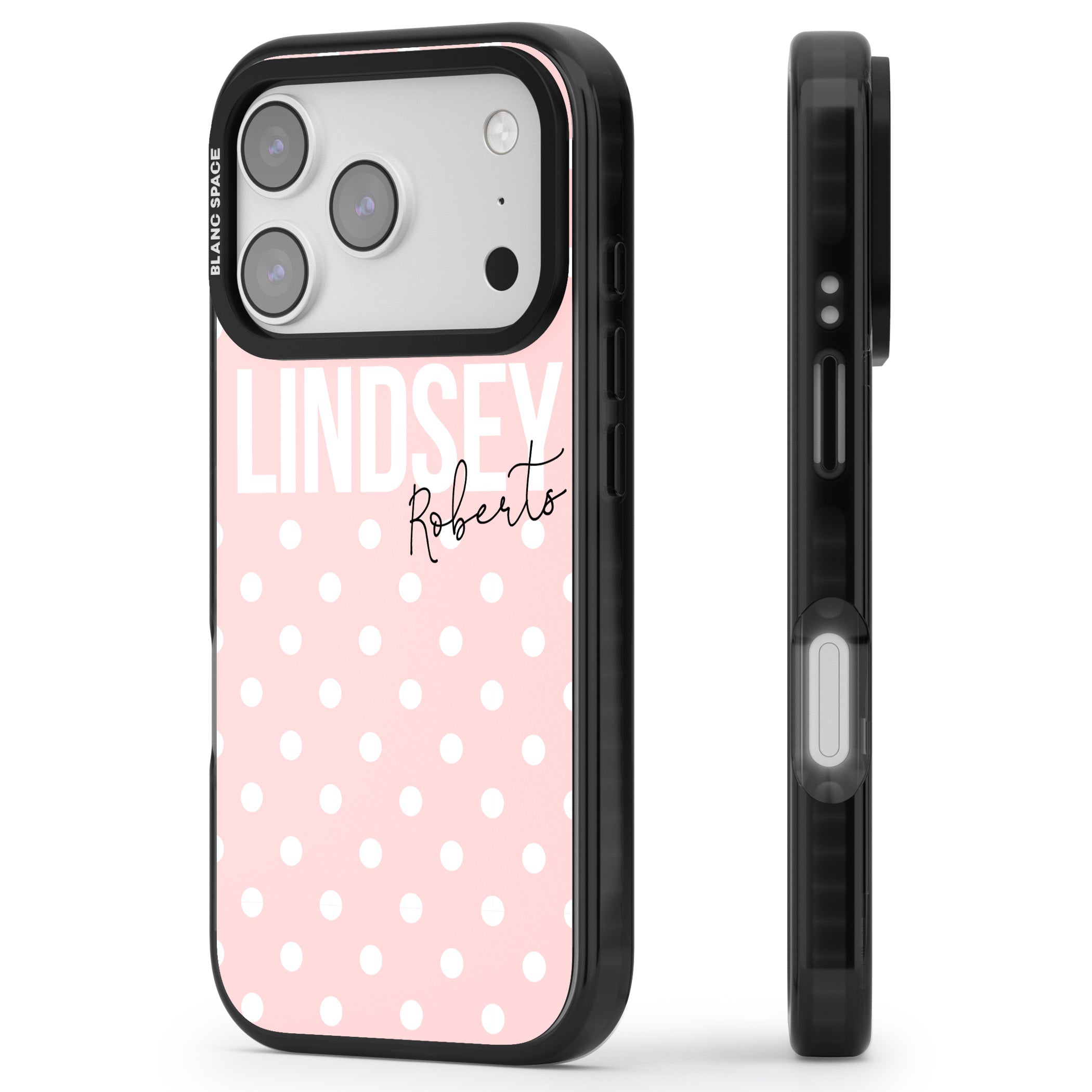 Personalised Pink Polka iPhone 17 Pro Max Impact Pro Black Phone Case Side Profile