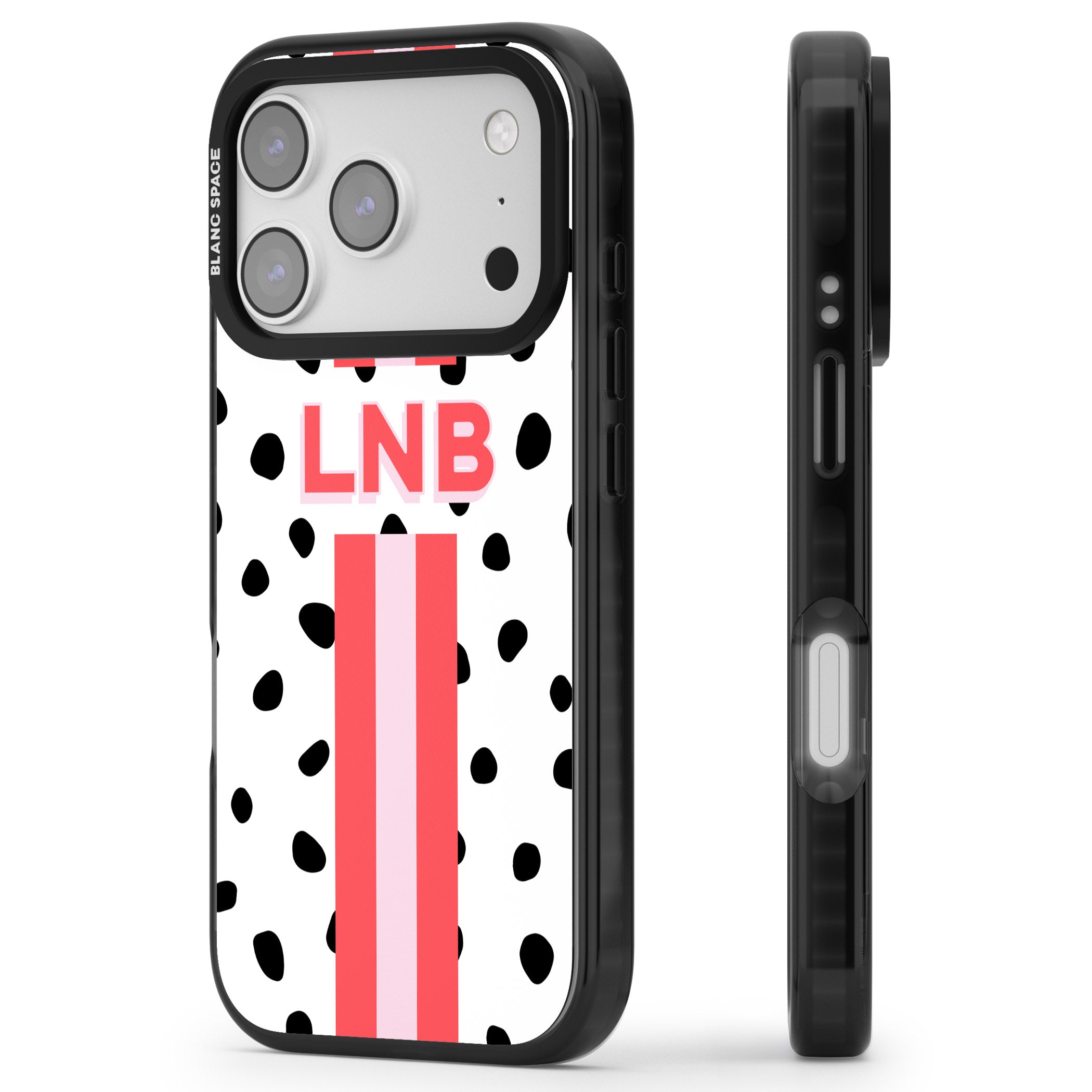 Personalised Polka & Pink Stripe iPhone 17 Pro Max Impact Pro Black Phone Case Side Profile