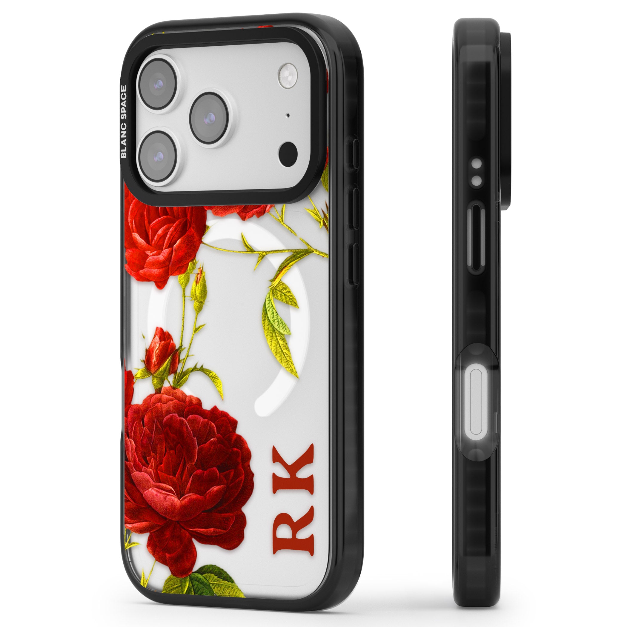Personalised Vintage Floral Red Roses iPhone 17 Pro Max Impact Pro Black Phone Case Side Profile